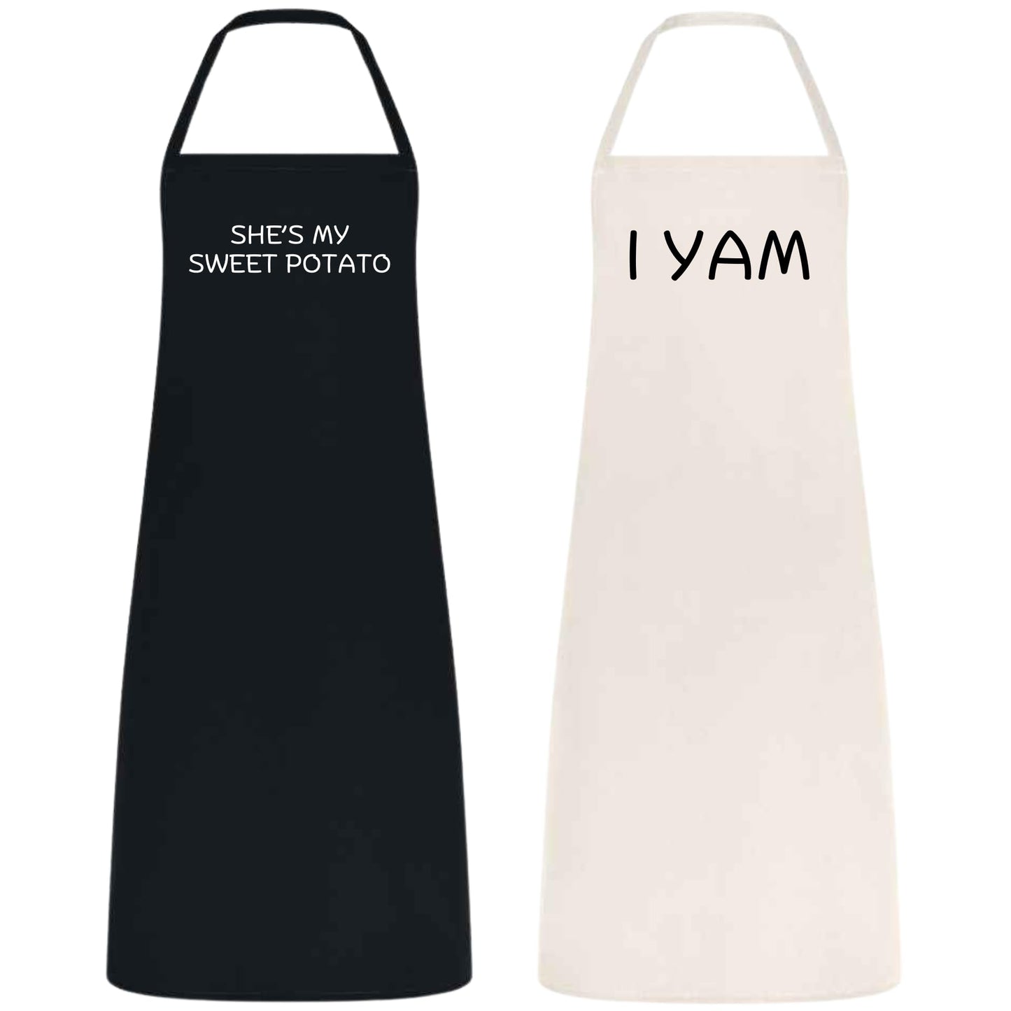 She’s My Sweet Potato, I Yam Couple Apron Set - Funny Cooking Aprons for Couples Birthday, Engagement, Wedding Gift Cotton Material Black and Natural Matching Kitchen Aprons