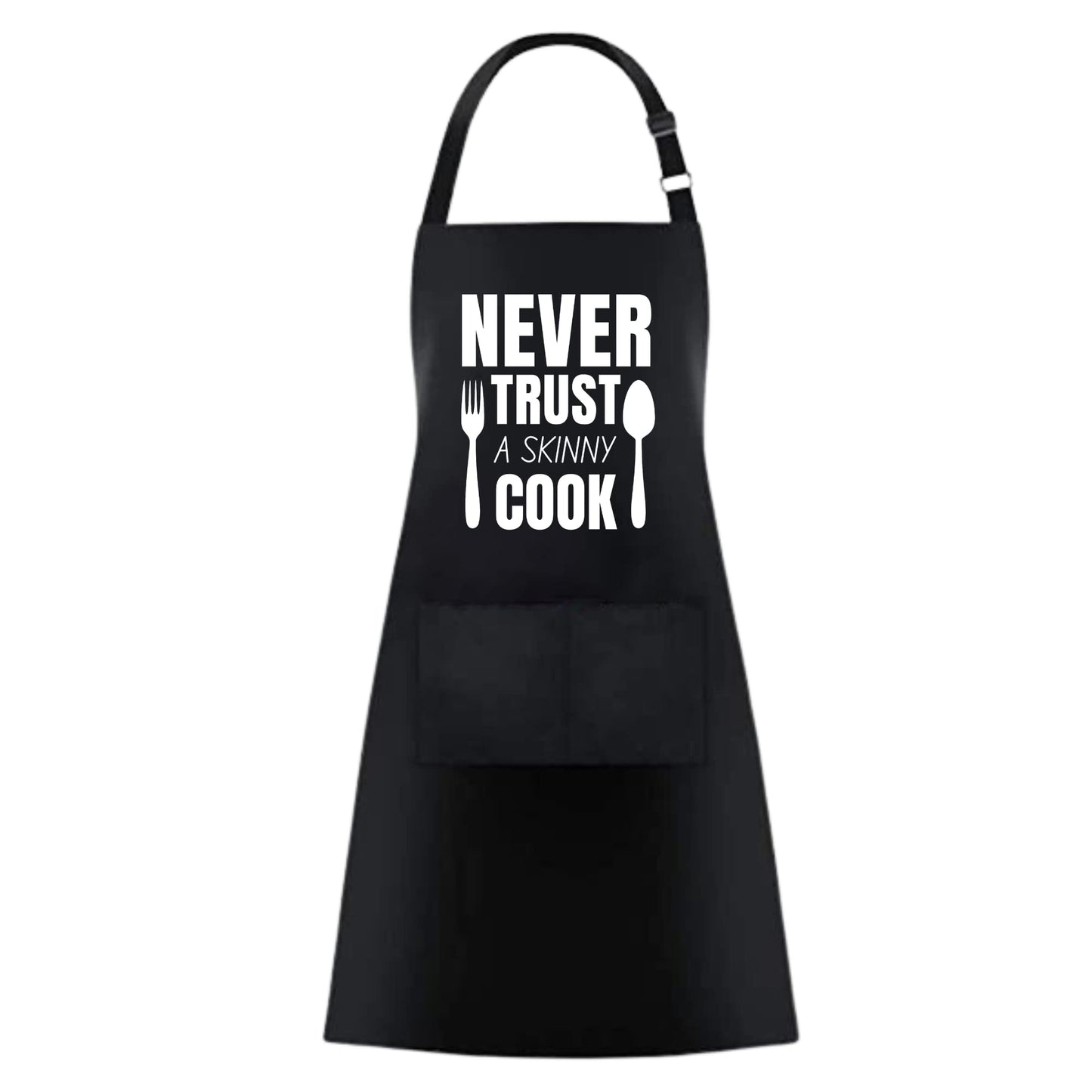 NEVER TRUST A SKINNY COOK Funny Aprons for women - 2 Pockets BBQ Apron Coffee house Cooking Kitchen Chef Bar Hotel Gift For Husband Wife, Dad Mom boyfriend Girlfriend Black - Top Tee