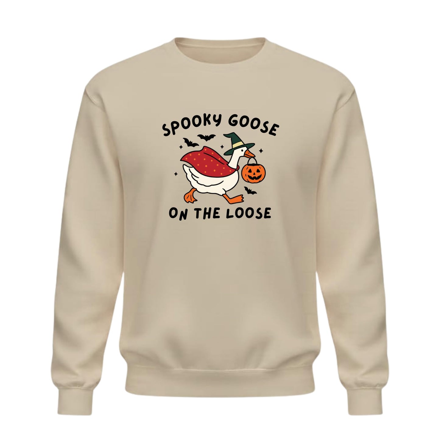 Be Buz Spooky Goose On The Loose Sweatshirt – Funny Halloween Crewneck Pullover – Silly Goose Graphic Sweatshirt for Men and Women