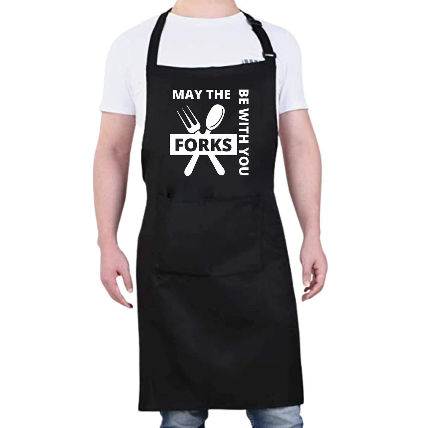 MAY THE FORKS BE WITH YOU Funny Apron Bib Apron 2 Pockets BBQ Apron Coffee house Cooking Kitchen Chef Bar Hotel Women Great Gift For Husband Wife Dad Mom boyfriend Girlfriend - Top Tee