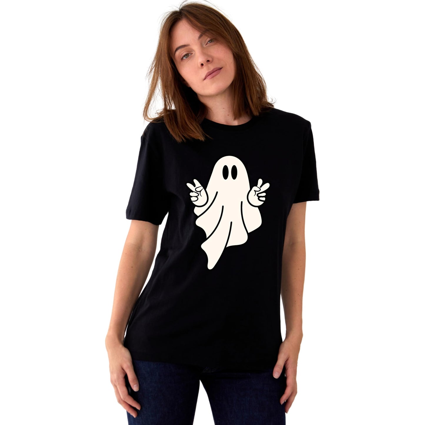 Ghost Posing Halloween Party Fun Adults Logo Printed Unisex Men Women Summer Winter Cotton Crew Neck Casual T-Shirt