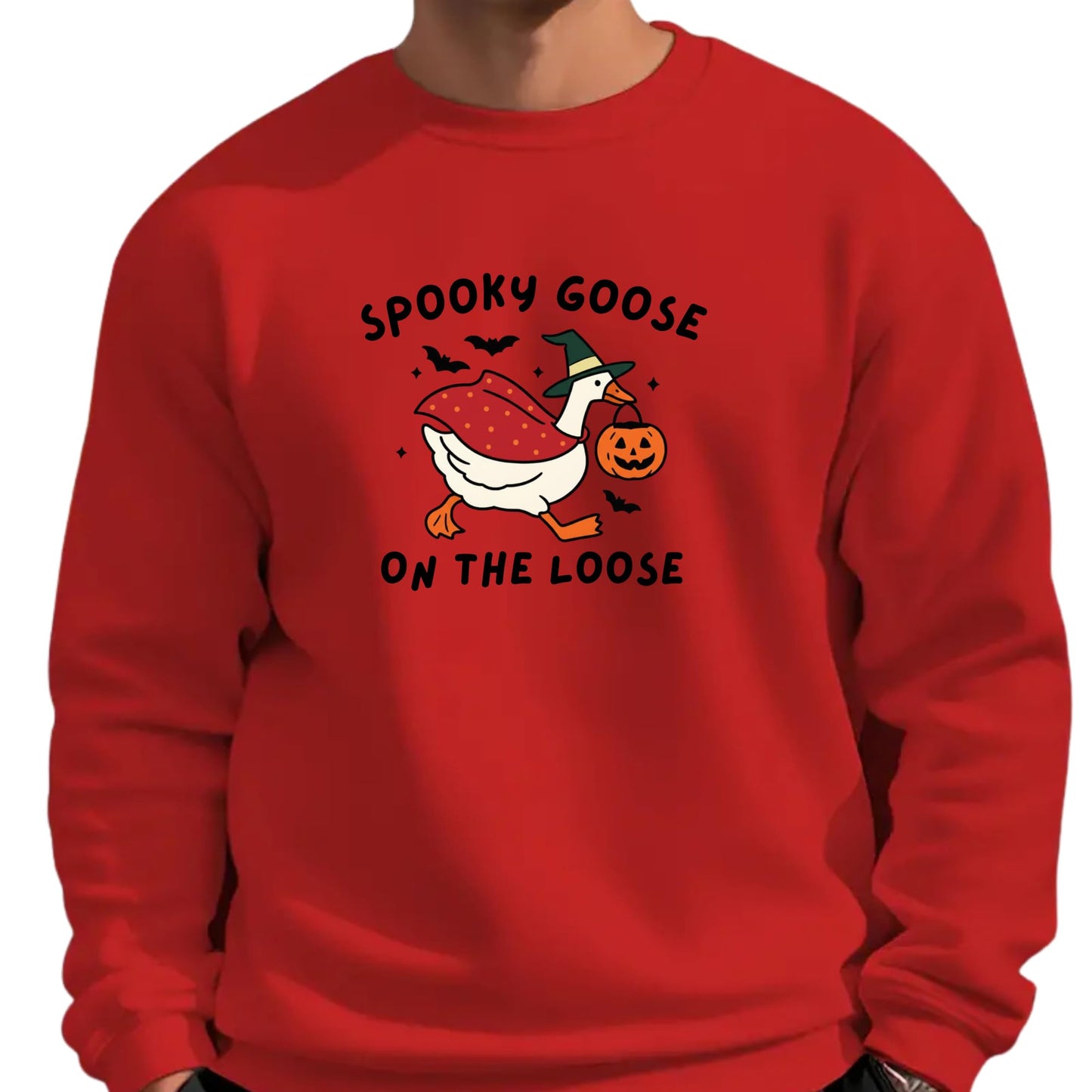 Be Buz Spooky Goose On The Loose Sweatshirt – Funny Halloween Crewneck Pullover – Silly Goose Graphic Sweatshirt for Men and Women
