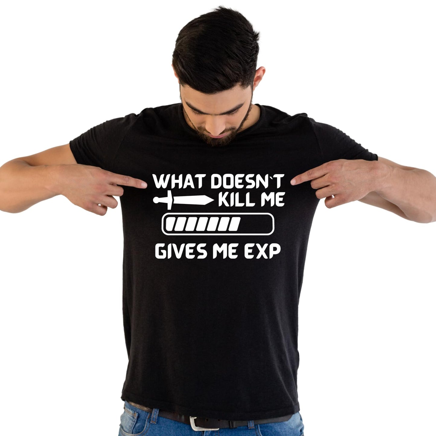 What Doesn't Kill Me Gives Me EXP Funny Printed Black Adults Unisex Men Women Summer Winter Cotton Crew Neck Casual T-Shirt