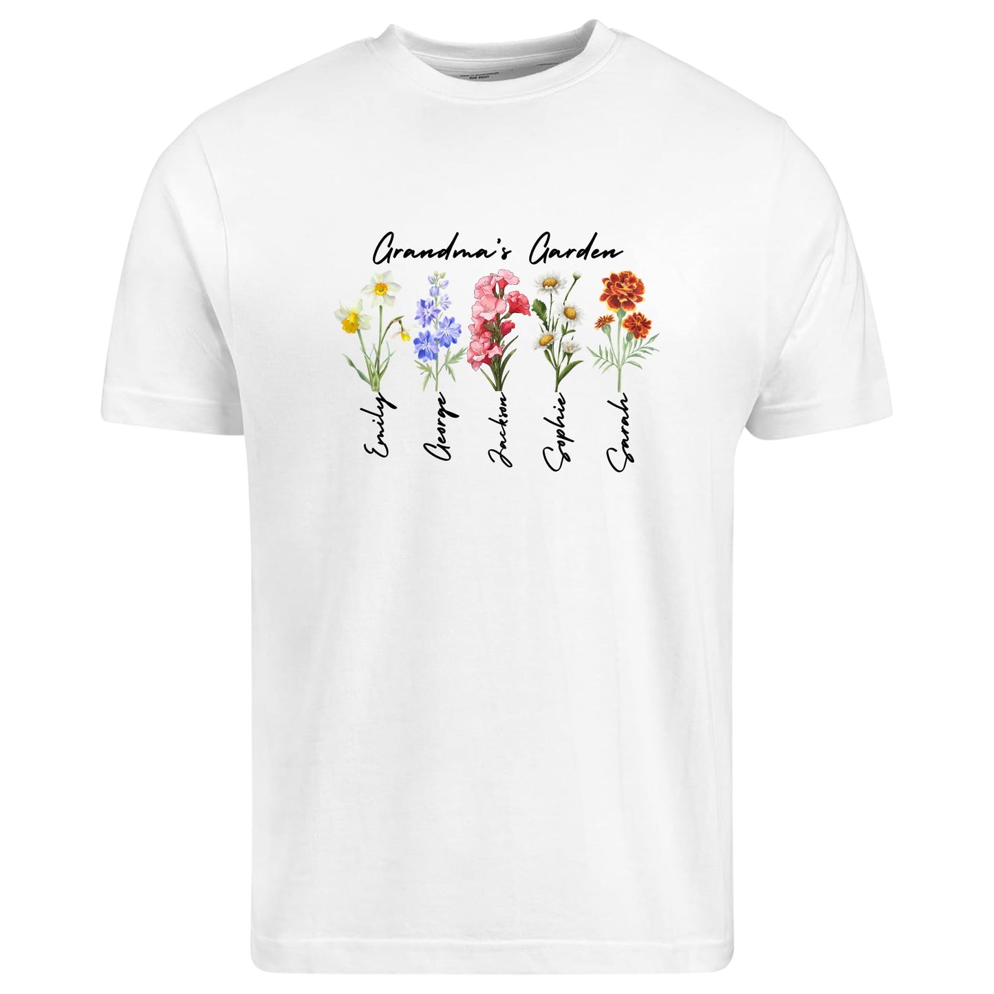Be Buz Grandma’s Garden Shirt Personalized Birth Month Flower T-Shirt with Grandkids’ Names Custom Gift for Grandma, Mother's Day, Nana, Gigi, Mimi