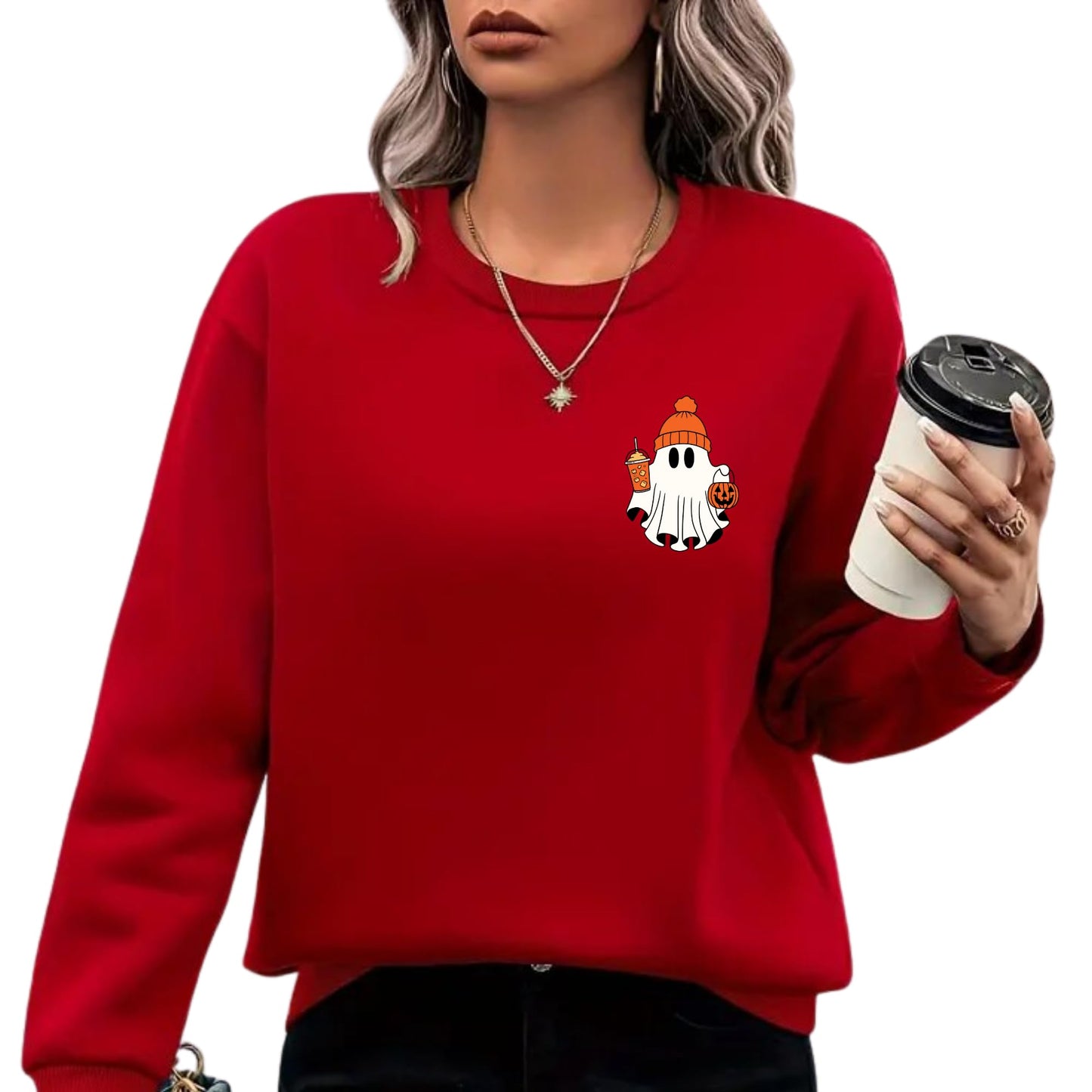 Be Buz Spooky Season Ghost Sweatshirt Halloween Pocket Size Ghost Pullover Unisex Sweatshirt October Crewneck