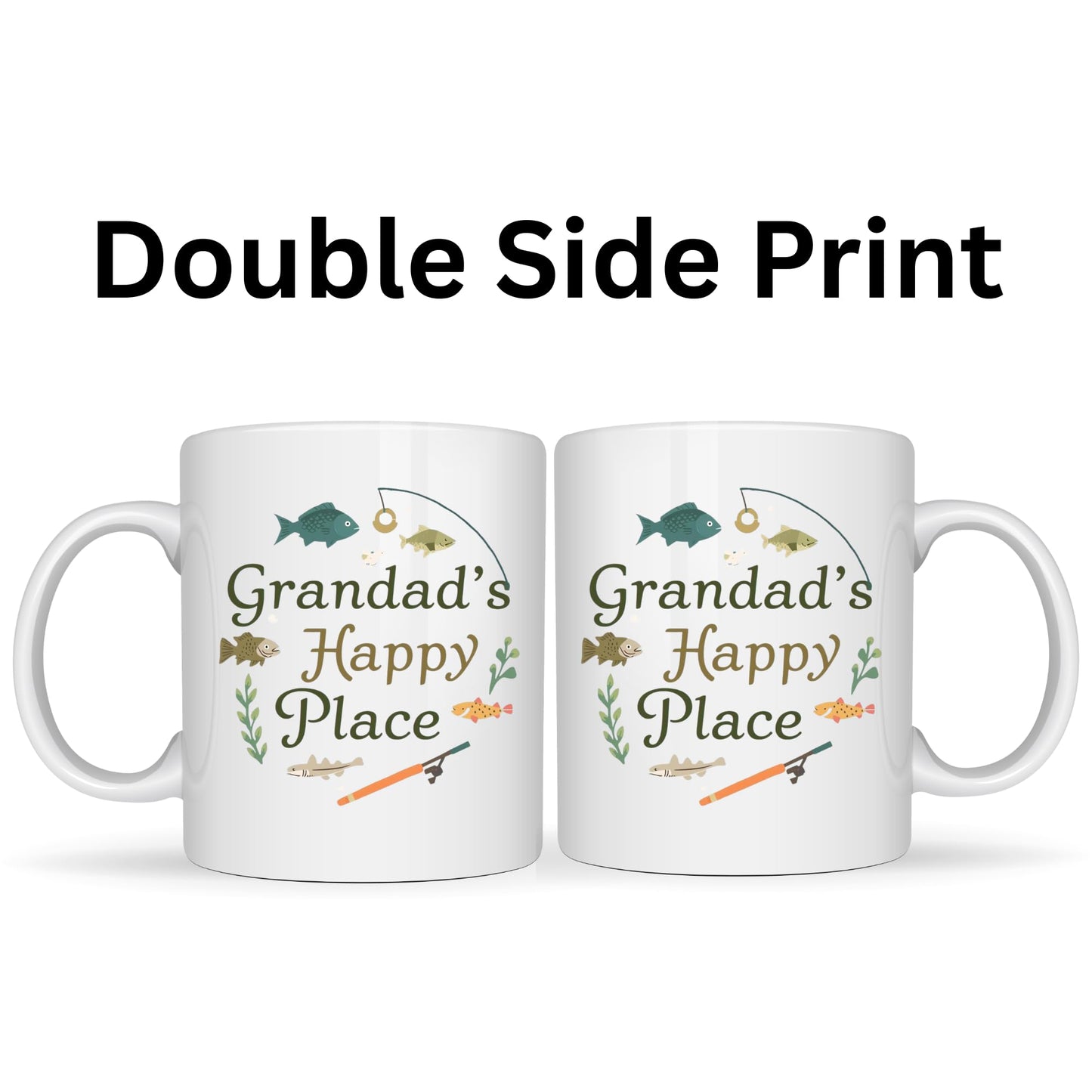 Be Buz Grandad’s Happy Place Coffee Mug – Fishing Theme Fish and Rod Design – 11oz White Ceramic Mug for Grandpa Fisherman Birthday