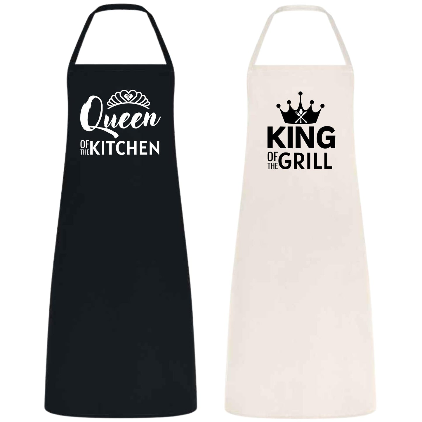 Queen of the Kitchen King Apron Set His and Her Aprons for Couples Matching Aprons for Valentine's Day, Weddings, Anniversaries Black and Natural Color Couple Aprons
