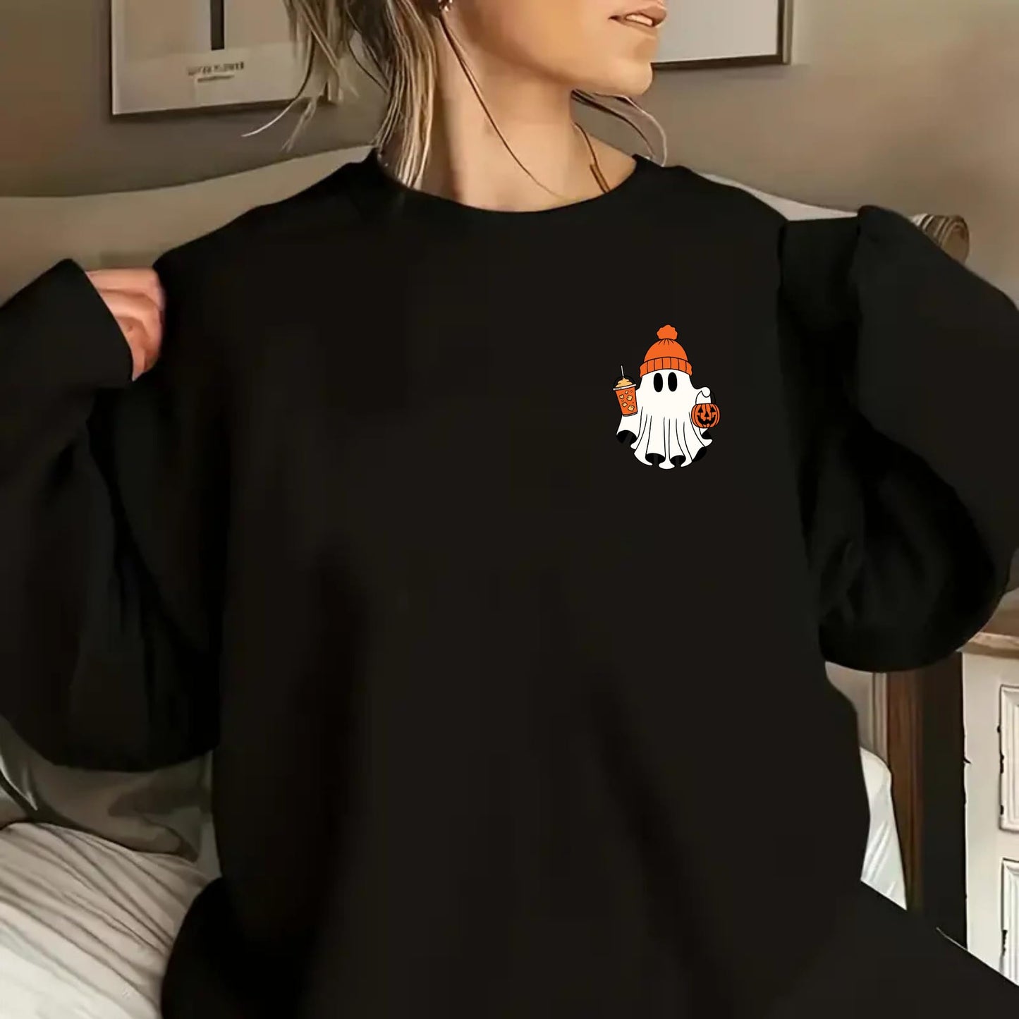 Be Buz Spooky Season Ghost Sweatshirt Halloween Pocket Size Ghost Pullover Unisex Sweatshirt October Crewneck