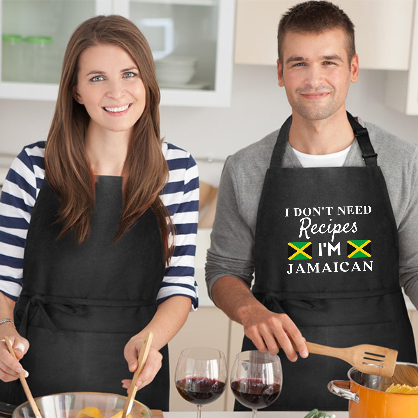 Be Buz I Don't Need Recipes, I'm Jamaican Adjustable Long Apron with two Pockets Chefs Home Cooks Baking Cooking Kitchen Grilling and BBQ Apron gift for him her - Top Tee