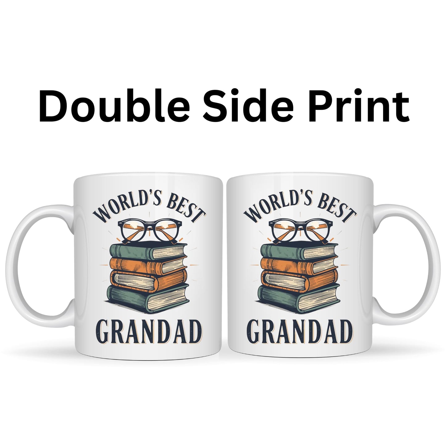 Be Buz World’s Best Grandad Coffee Mug – Vintage Books and Glasses Design – 11oz White Ceramic Mug for Grandpa Book Lover