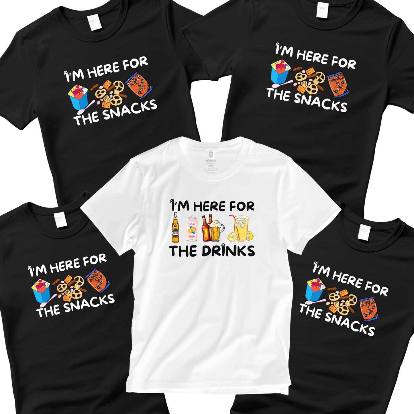 Be Buz I’m Here for The Snacks/Drinks Funny T-Shirt Family Matching Food and Beer Shirts – Party, BBQ, Vacation or Game Night Tee