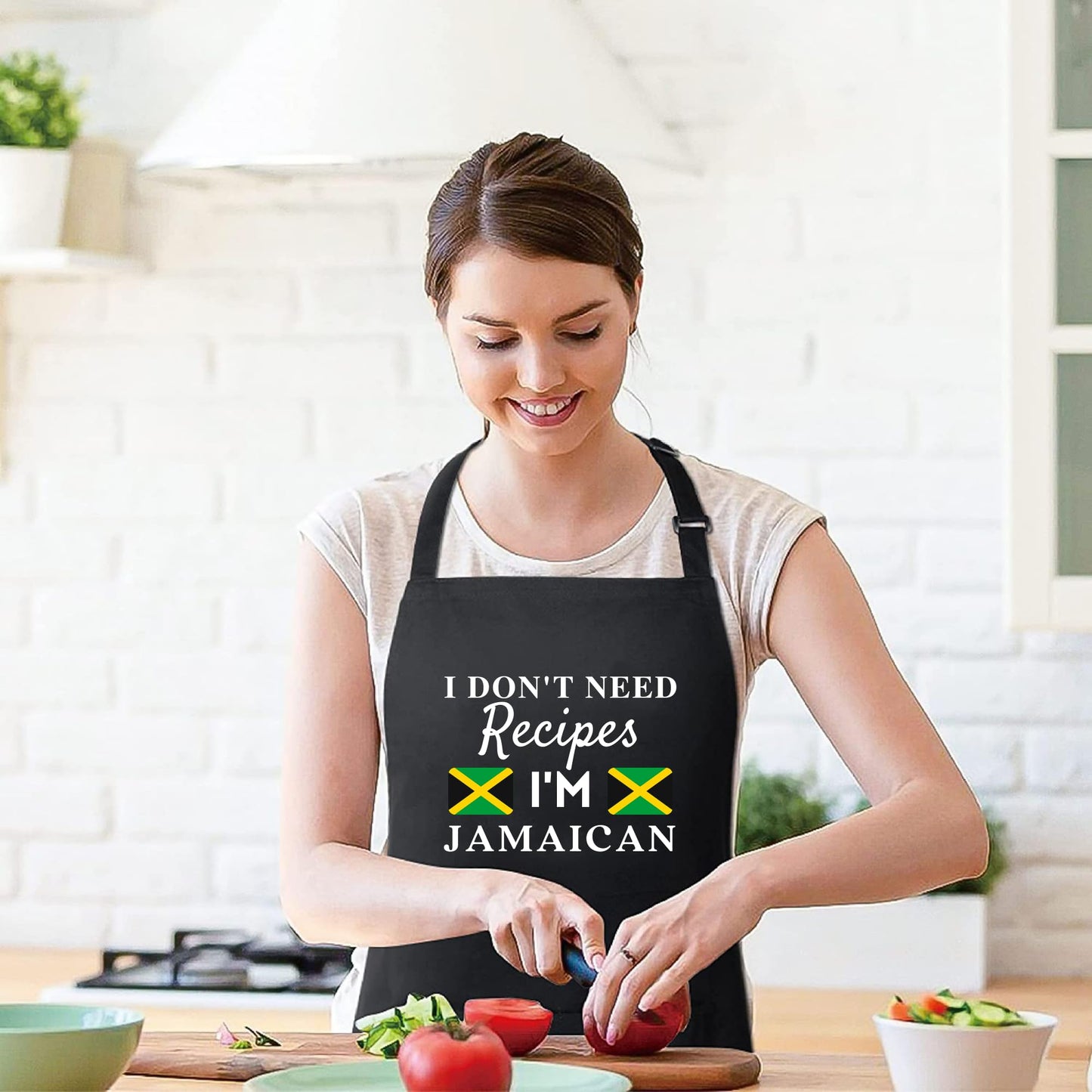 Be Buz I Don't Need Recipes, I'm Jamaican Adjustable Long Apron with two Pockets Chefs Home Cooks Baking Cooking Kitchen Grilling and BBQ Apron gift for him her - Top Tee