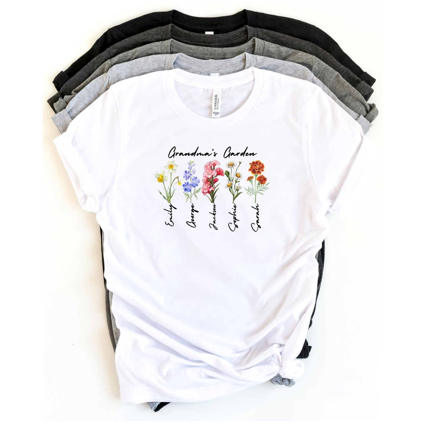 Be Buz Grandma’s Garden Shirt Personalized Birth Month Flower T-Shirt with Grandkids’ Names Custom Gift for Grandma, Mother's Day, Nana, Gigi, Mimi