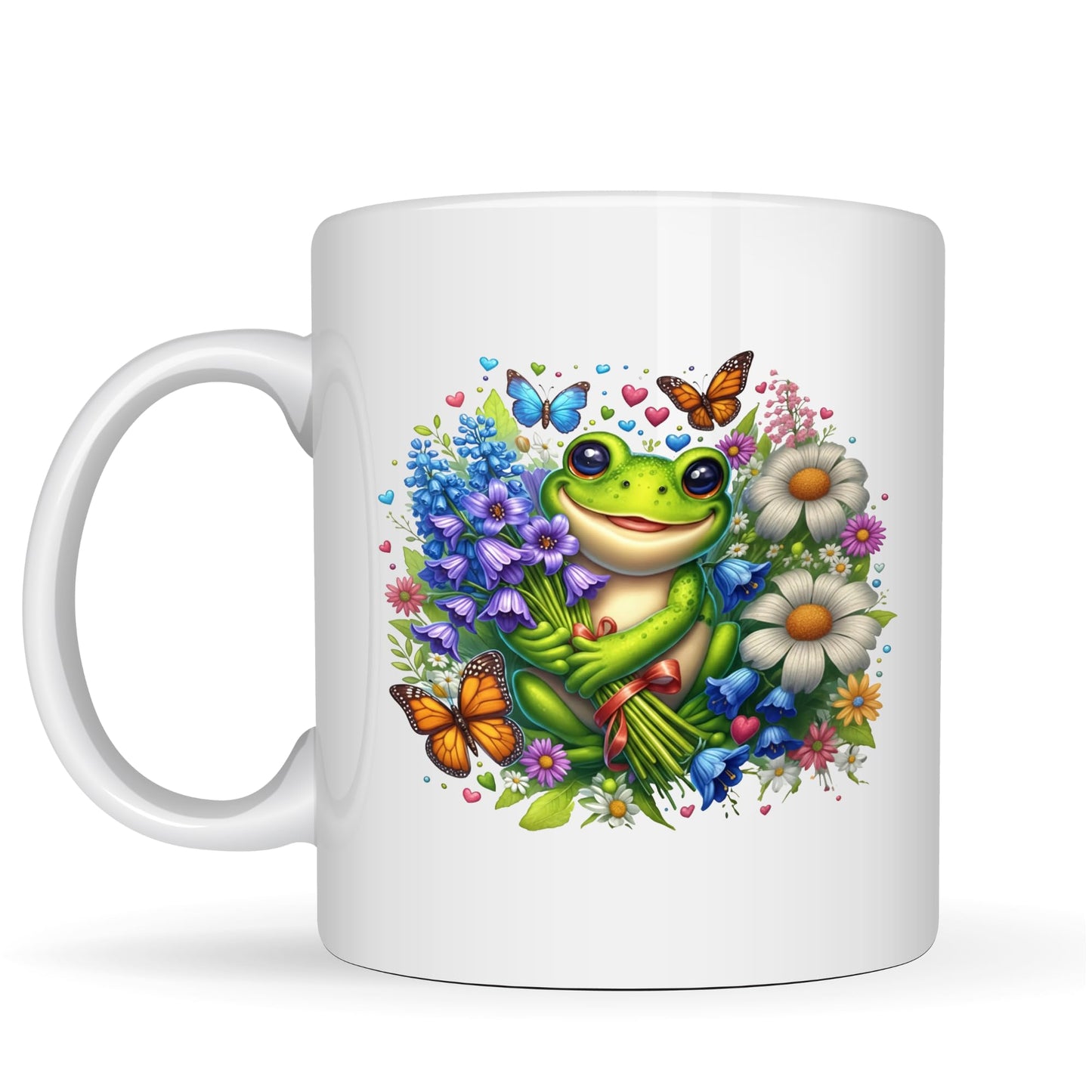 Be Buz Frog and Floral Bouquet Ceramic Mug - Adorable Green Frog with Flowers and Butterflies - 11oz White Coffee, Tea Cup