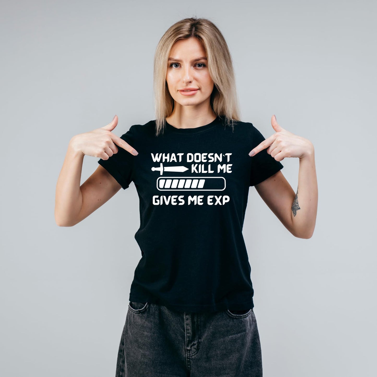 What Doesn't Kill Me Gives Me EXP Funny Printed Black Adults Unisex Men Women Summer Winter Cotton Crew Neck Casual T-Shirt