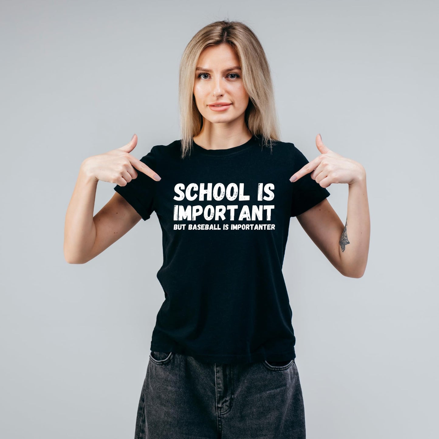 School is Important But Baseball is Importanter Funny Printed Black Adults Unisex Men Women Summer Winter Cotton Crew Neck Casual T-Shirt - Top Tee
