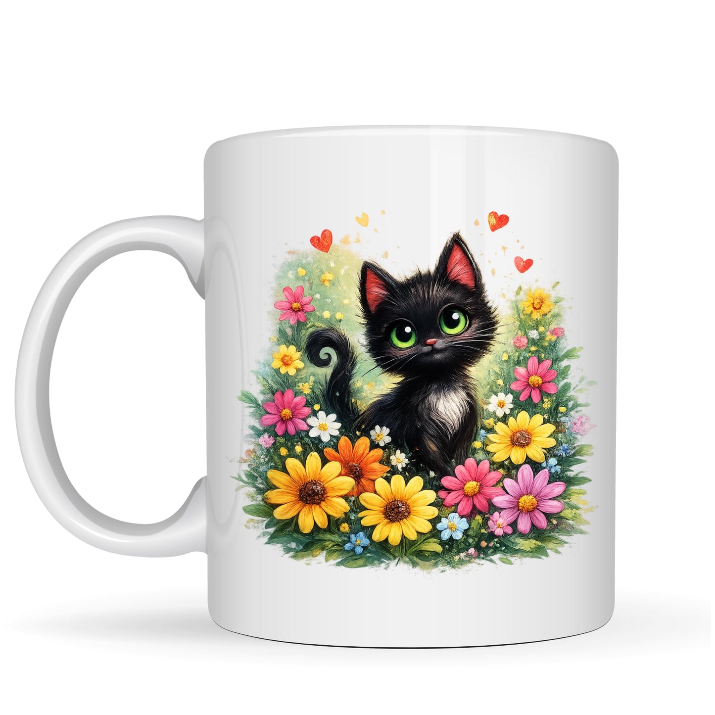 Be Buz Black Cat Coffee Mug with Floral Garden and Hearts – 11oz White Ceramic Tea Cup – Gift for Cat Lovers Men Women