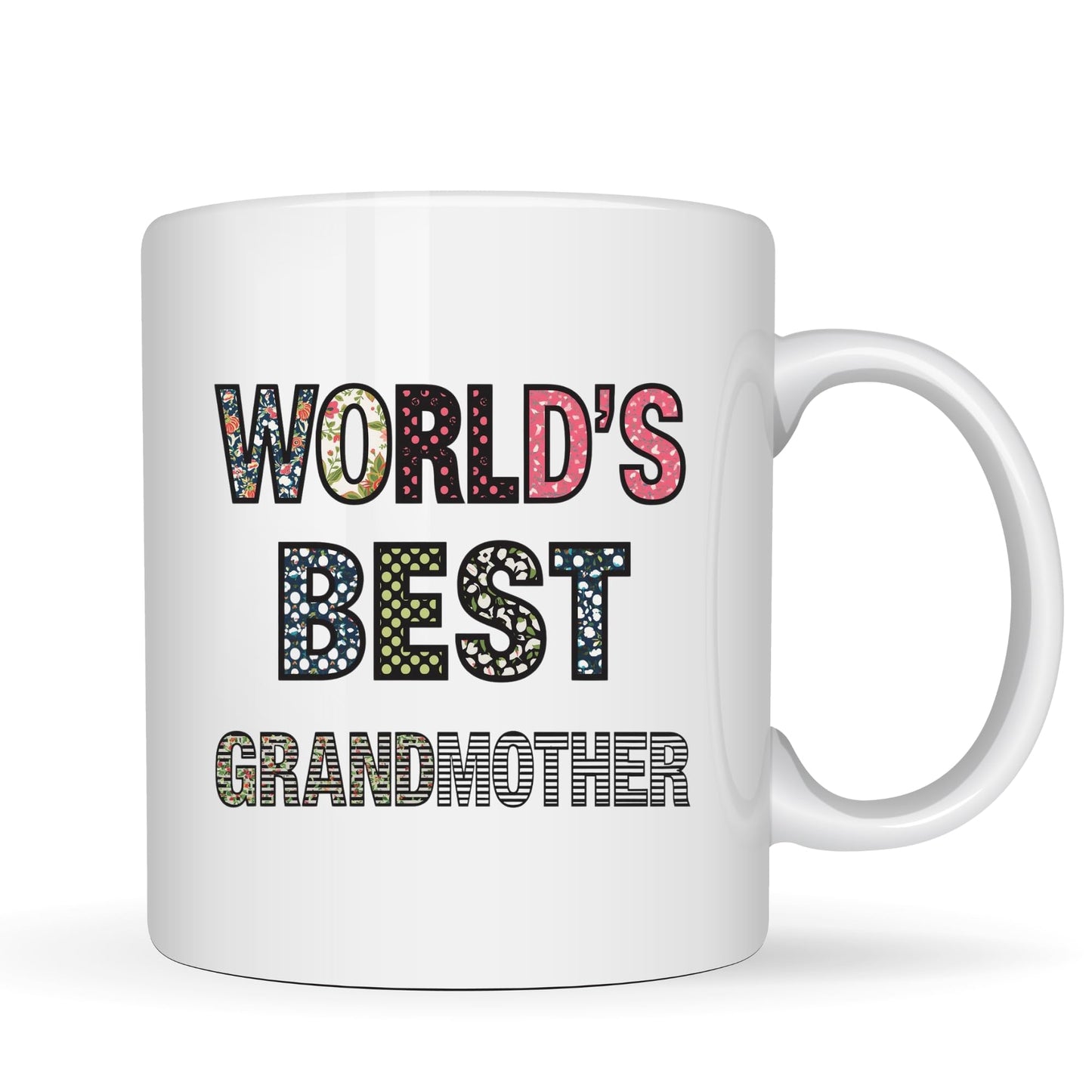 Be Buz World's Best Grandmother Coffee Mug - Floral Pattern Lettering Ceramic Tea Cup - 11oz White Mug - Elegant Mother’s Day or Birthday Gift