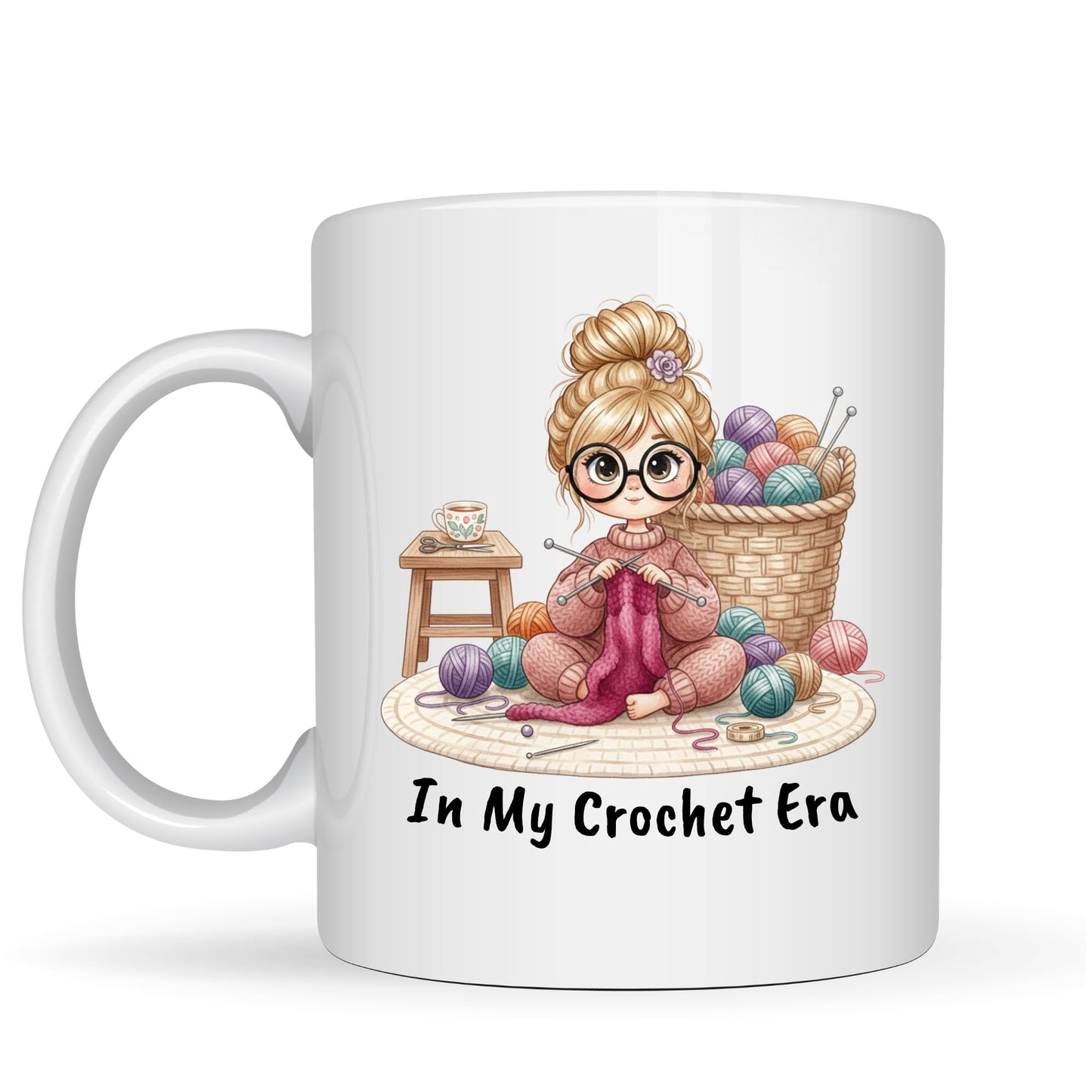 Be Buz in My Crochet Era Mug - Girl Knitting Illustration Funny Ceramic Coffee Cup for Crochet Lovers, Knitters, Sewing, and Yarn Crafters, 11oz