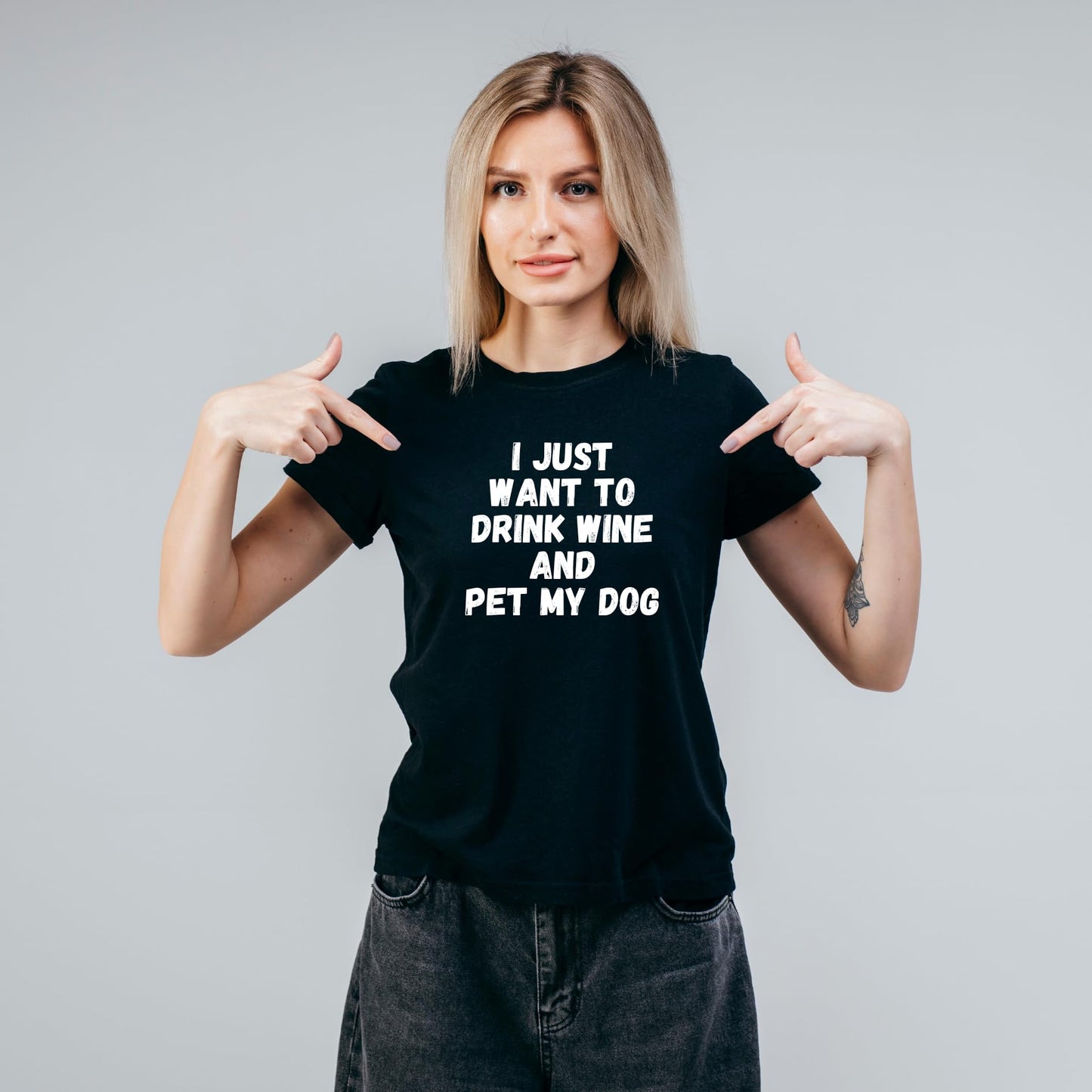 I Just Want to Drink Wine and Pet My Dog Funny Printed Black Adults Unisex Men Women Summer Winter Cotton Crew Neck Casual T-Shirt