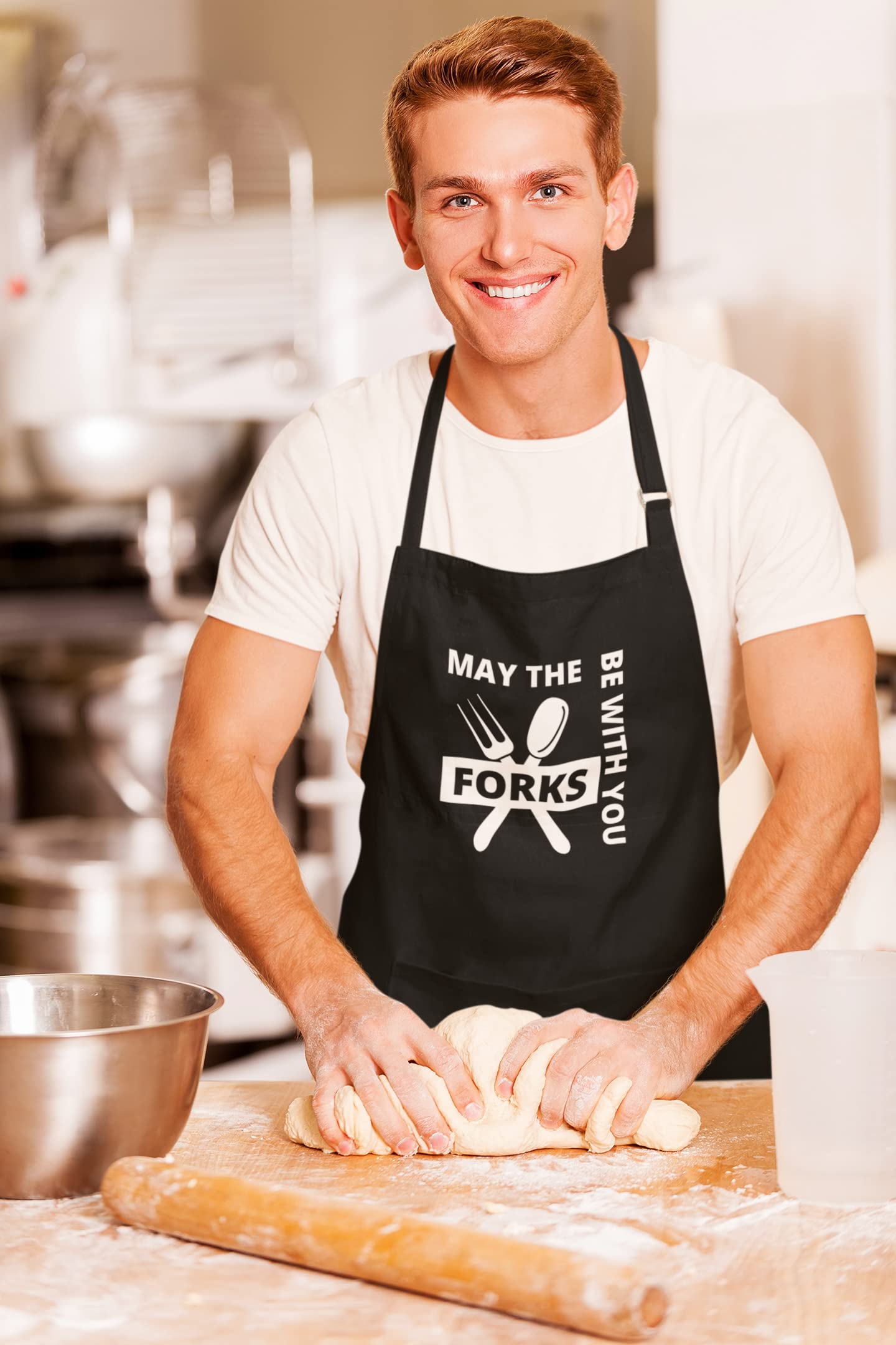 MAY THE FORKS BE WITH YOU Funny Apron Bib Apron 2 Pockets BBQ Apron Coffee house Cooking Kitchen Chef Bar Hotel Women Great Gift For Husband Wife Dad Mom boyfriend Girlfriend - Top Tee