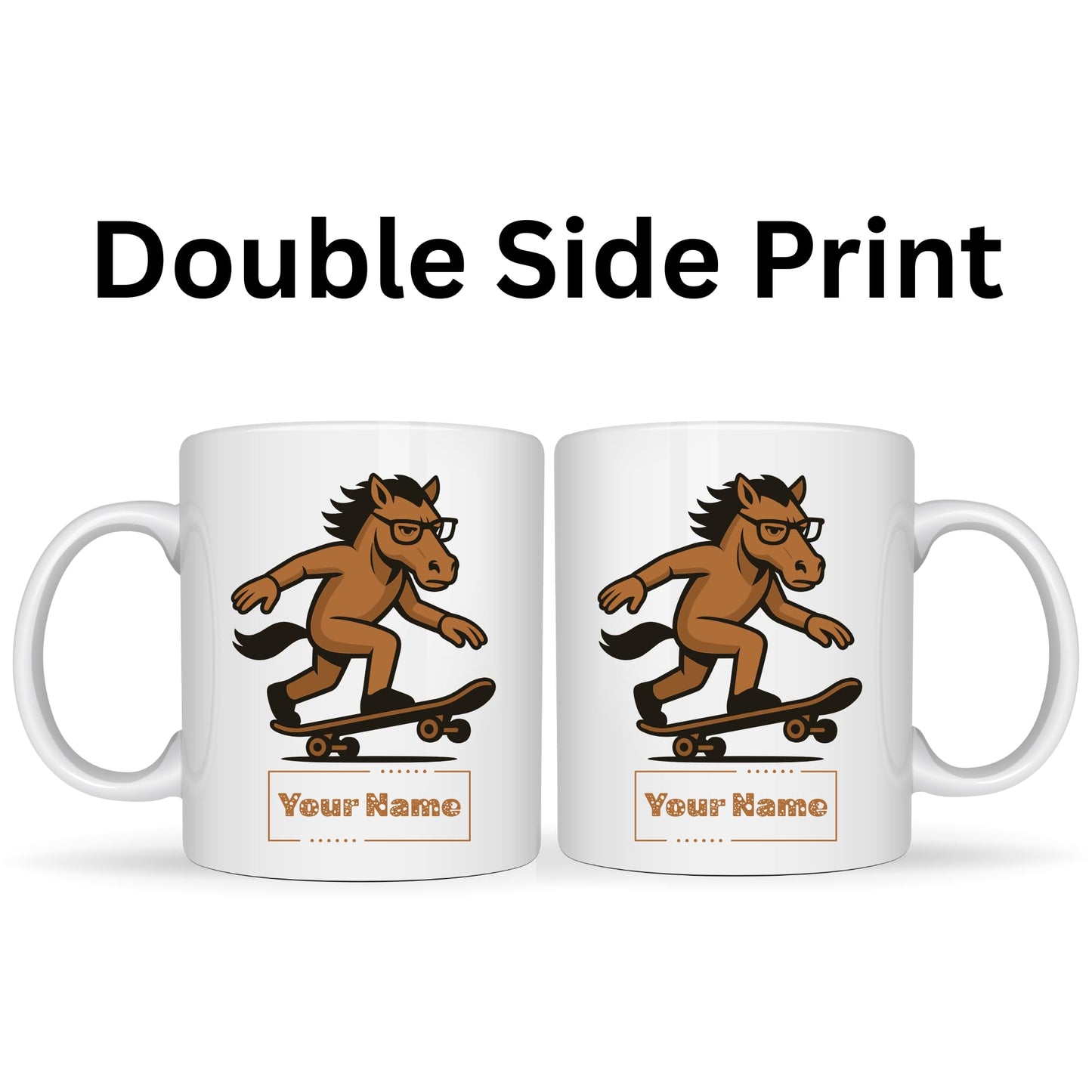 Personalized Funny Skateboarding Horse Mug – Custom Name Ceramic Coffee Cup – Unique Gift for Animal Lovers, Horse and Skaters – 11oz