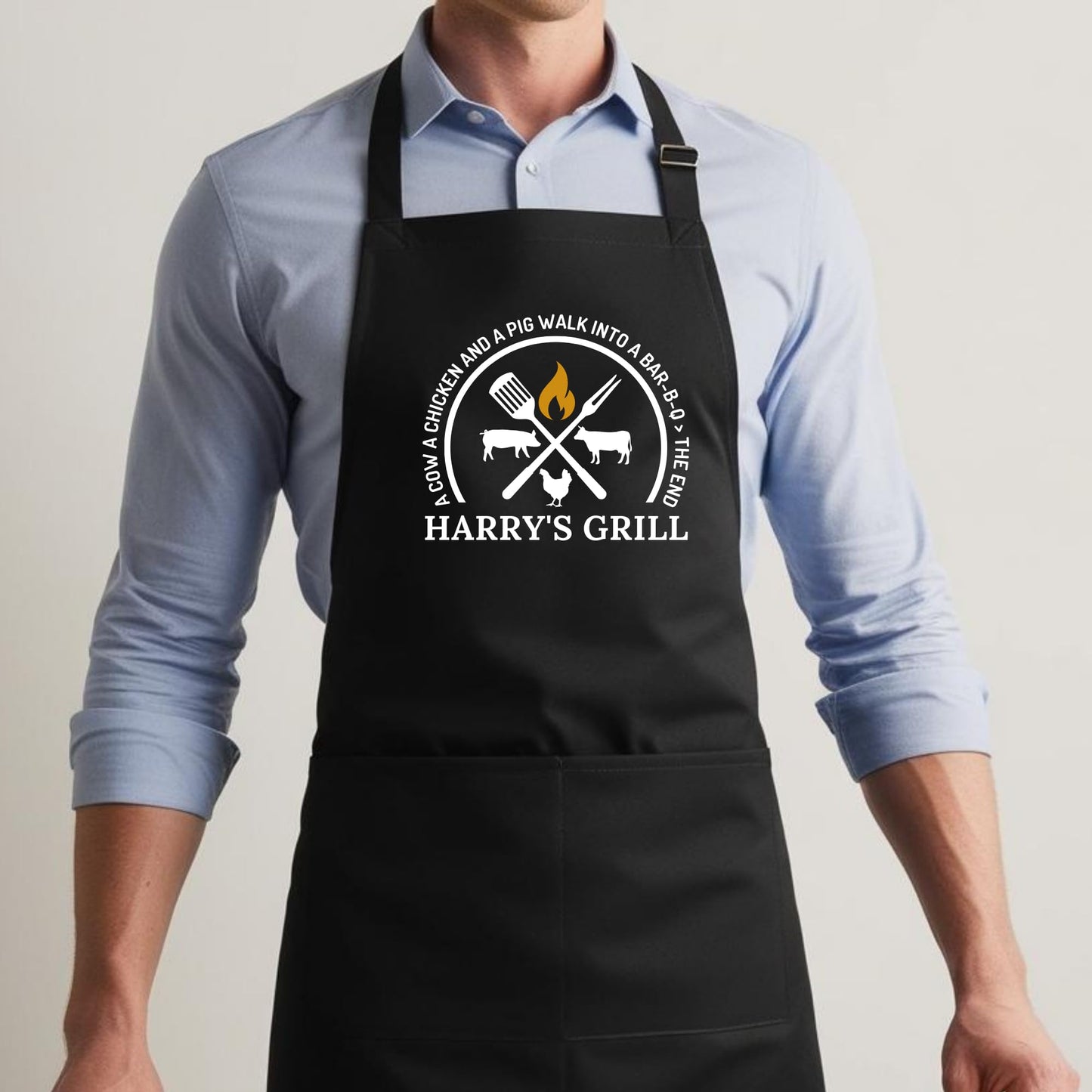 Custom Grill Apron - BBQ Aprons for Men, Gift for Him, Dad Apron for Grilling Personalized with Fun Designs (Hen, Cow, Pig) Birthday gift Apron with Adjustable Straps and Two Pockets - Top Tee