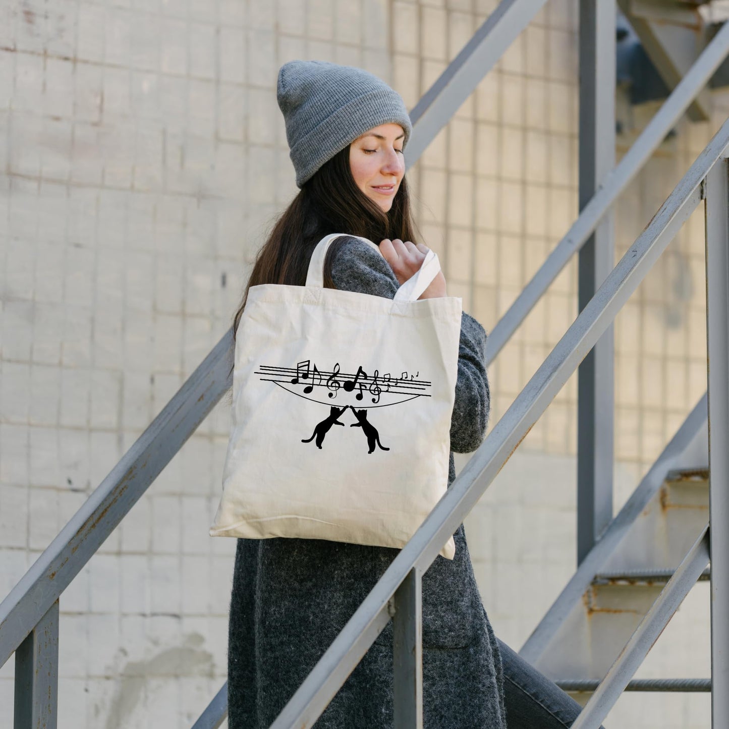 Cat Hanged with Music Wave Tote Bag Bag for Cat Lovers and Music Enthusiasts Trendy Music Wave Design Reusable Casual Cotton Bag for Work Shopping Travel