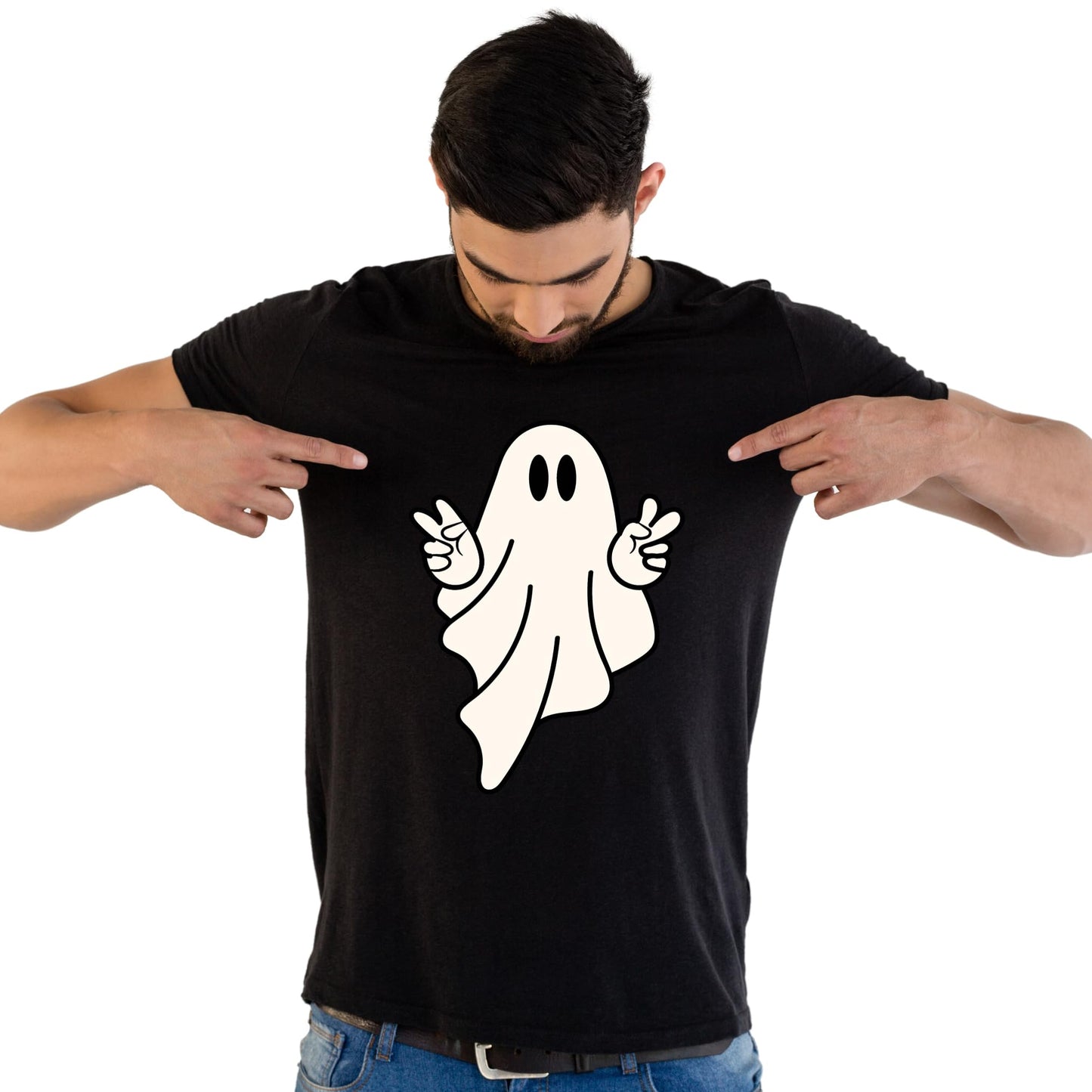 Ghost Posing Halloween Party Fun Adults Logo Printed Unisex Men Women Summer Winter Cotton Crew Neck Casual T-Shirt