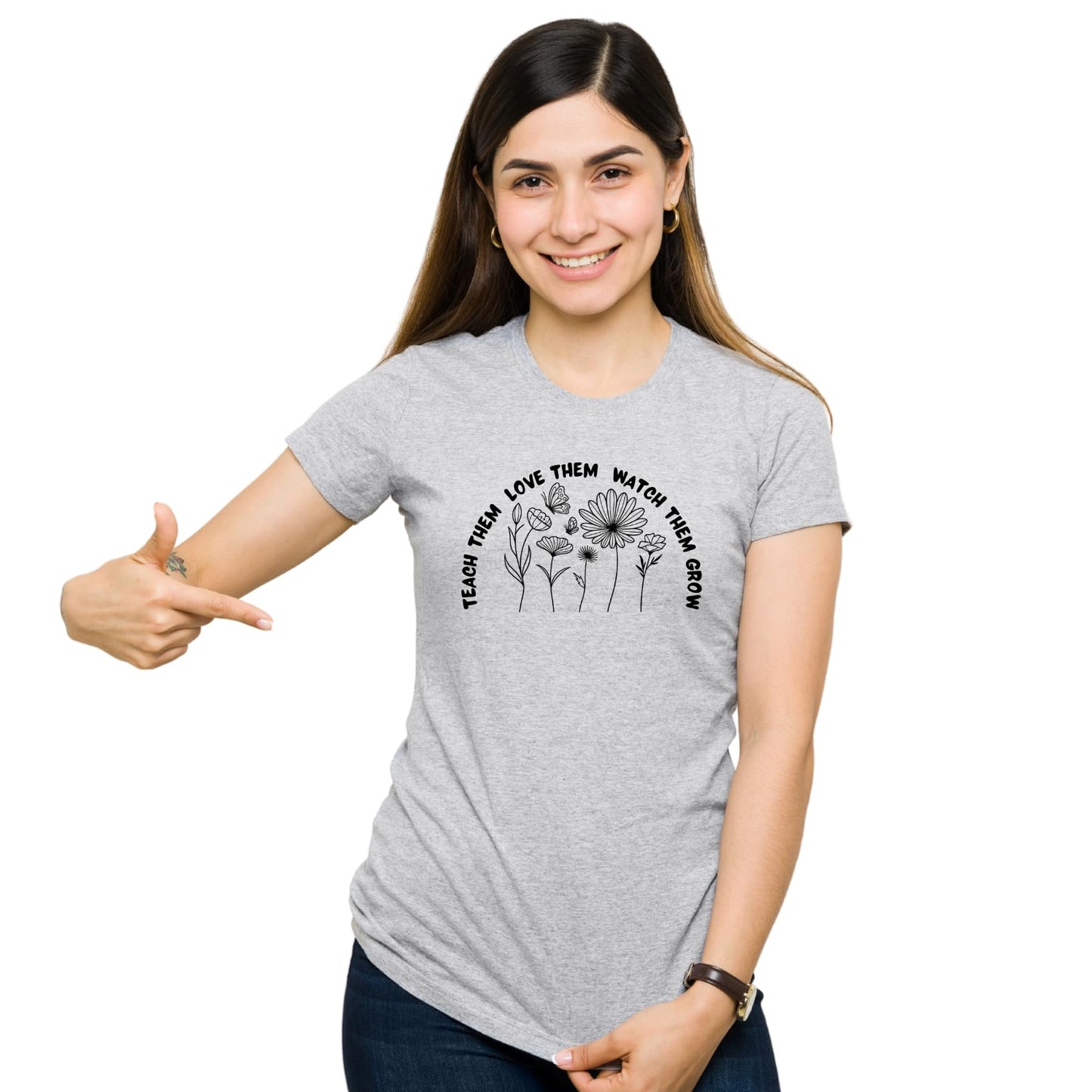 Be Buz Inspirational Teacher T-Shirt Teach Them Love Them Watch Them Grow Gift for Educators Daycare Preschool Workers Unisex Cotton Teaching Shirt