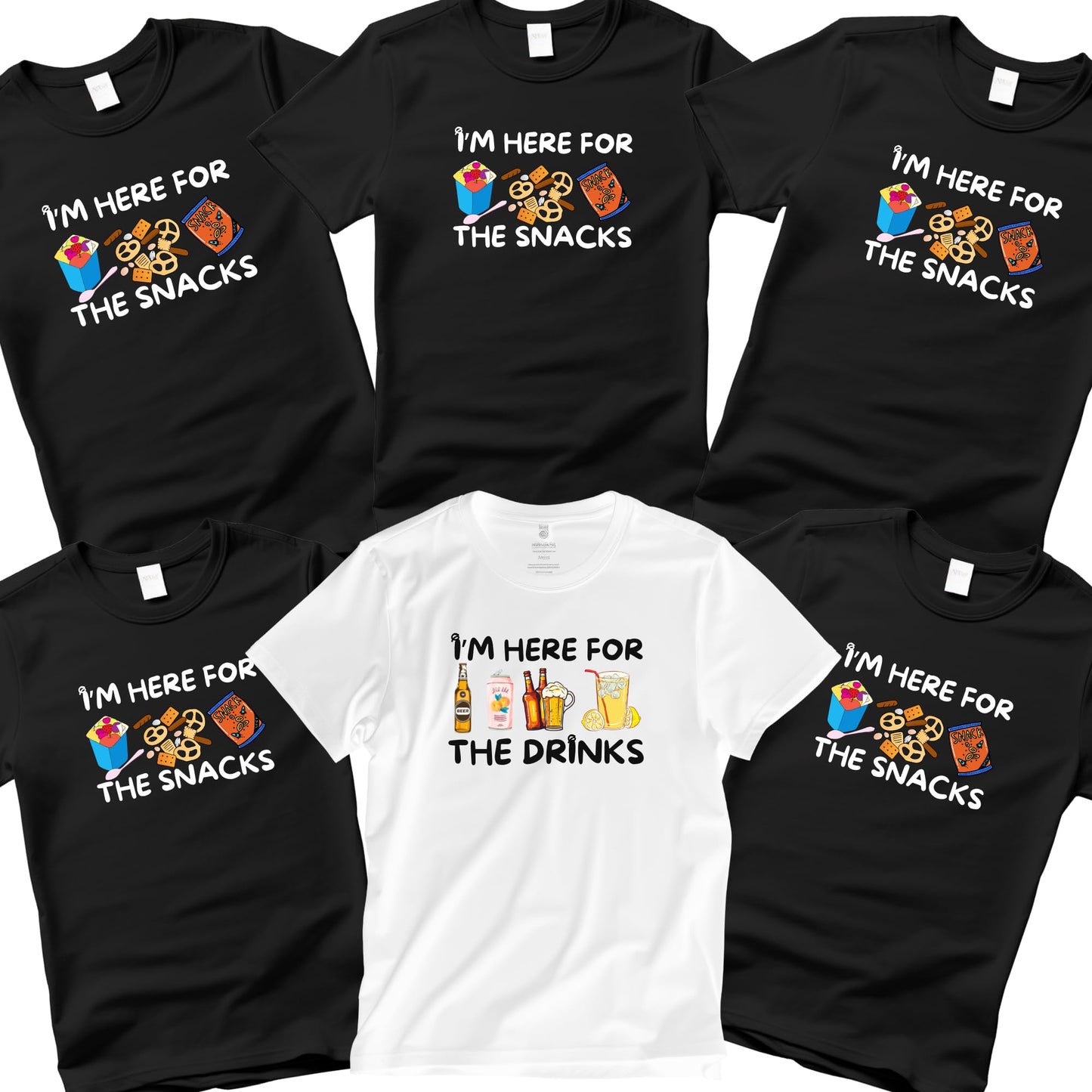Be Buz I’m Here for The Snacks/Drinks Funny T-Shirt Family Matching Food and Beer Shirts – Party, BBQ, Vacation or Game Night Tee