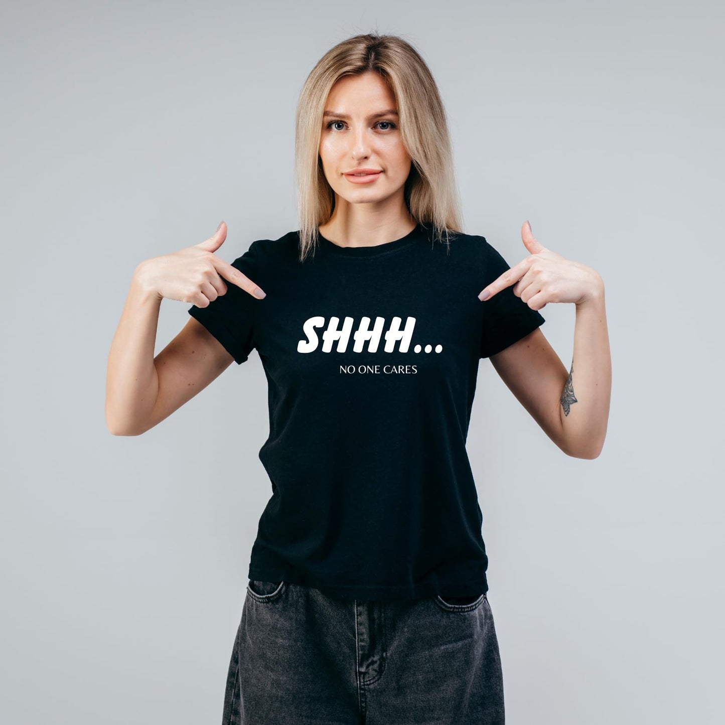 Shhh... No One Cares Funny Printed Black Adults Unisex Men Women Summer Winter Cotton Crew Neck Casual T-Shirt