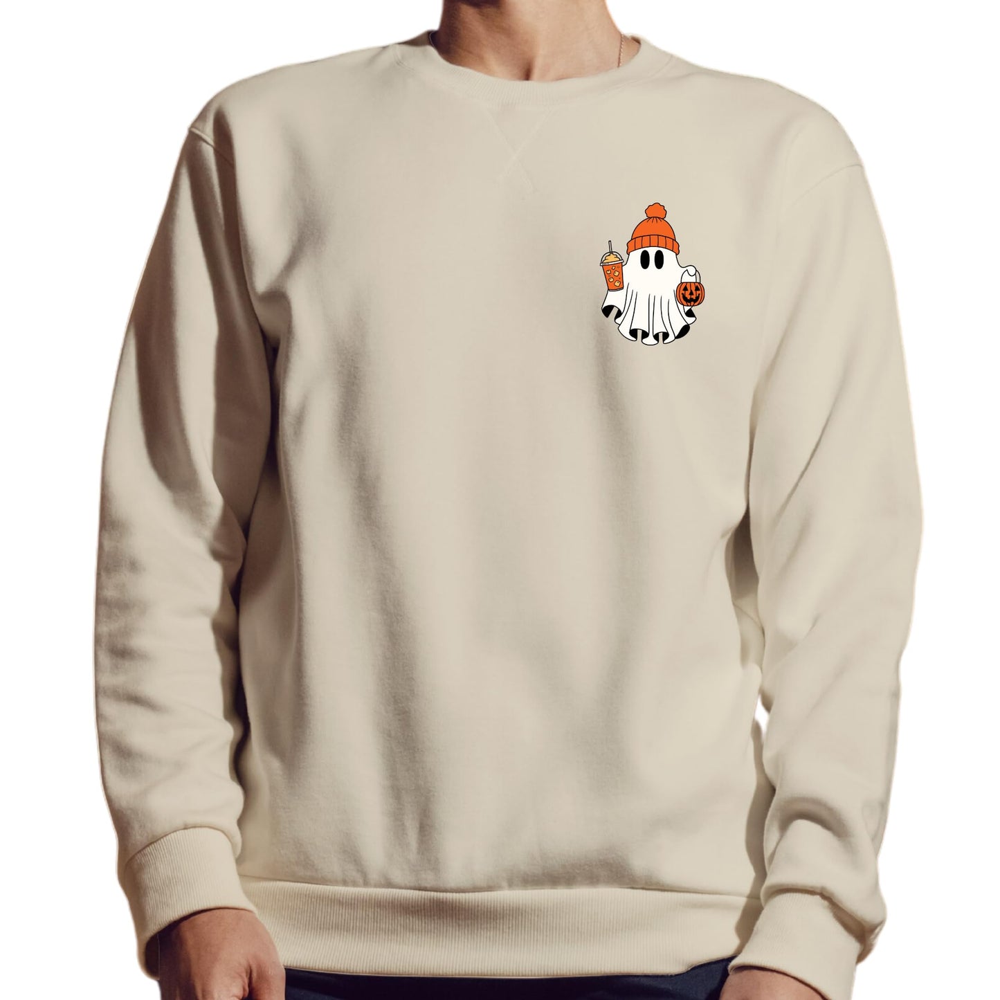 Be Buz Spooky Season Ghost Sweatshirt Halloween Pocket Size Ghost Pullover Unisex Sweatshirt October Crewneck