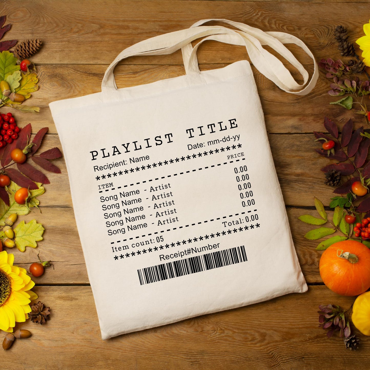 Custom Song Receipt Tote Bag, Customisable Song Playlist Bag, Personalised Playlist Receipt Shopping Bag Personalized Music Lover Gift Reusable Casual Cotton Bag