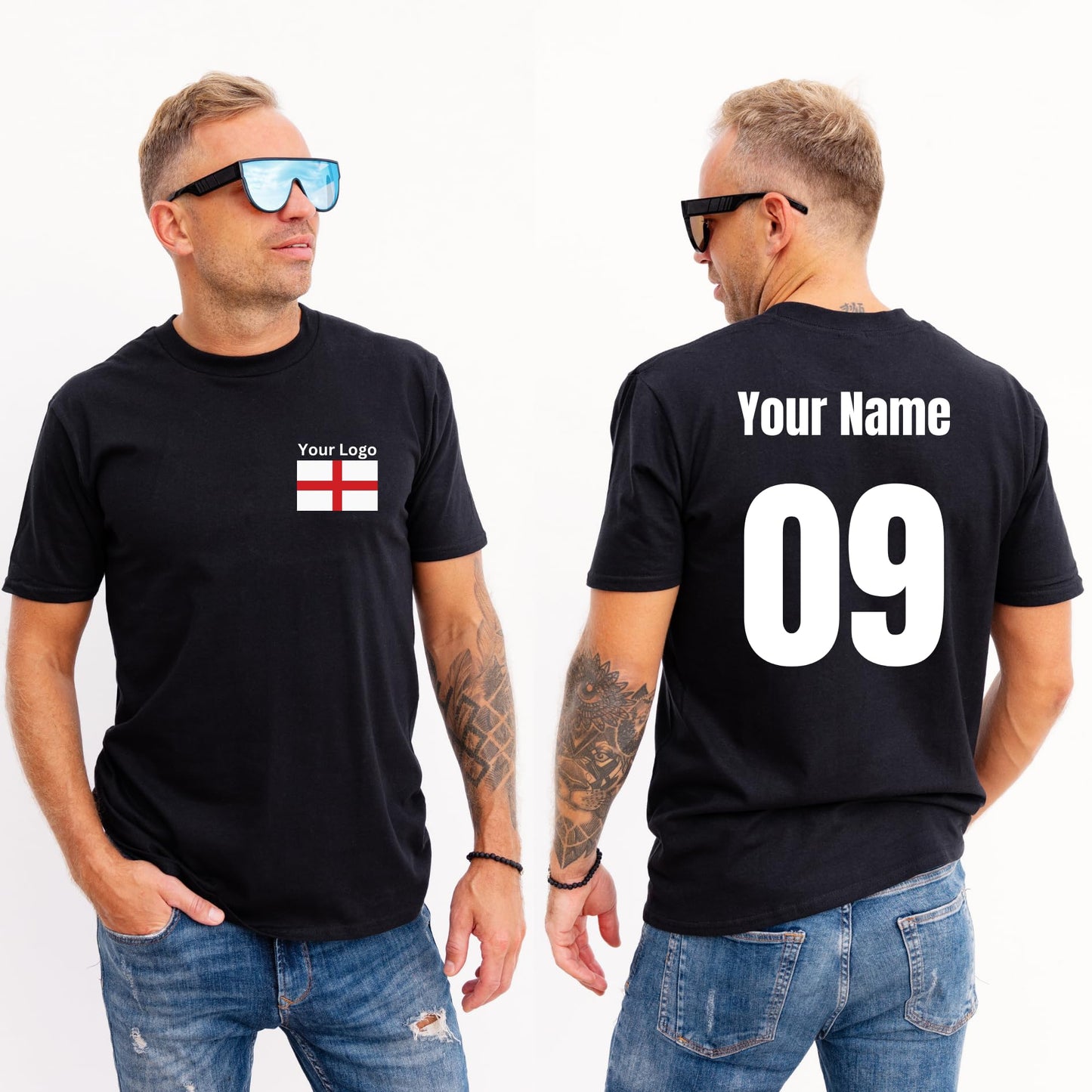 Personalised T-Shirt Your Name & Number Any Country or Club Badge Jersey Retro Top Adults Logo Printed Unisex Men Women Cotton Crew Neck Casual T-Shirt