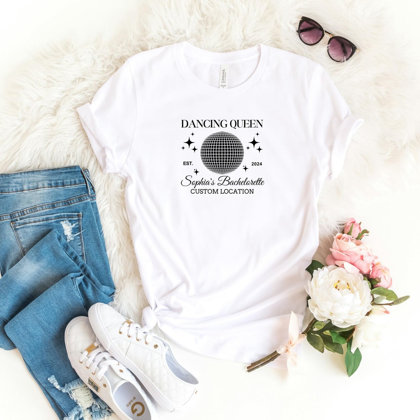Be Buz Dancing Queen Bachelorette Party T-Shirts Custom Name and Location Personalized Bridal Party Tee for Bride and Bridesmaids