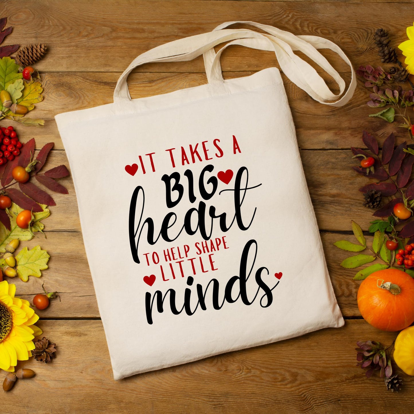 Be Buz It Takes A Big Heart To Shape Little Minds Tote Bag Teacher Appreciation Gift Reusable Casual Bag for Work Shopping Travel Back-to-School, End of Year, and Teacher Gifts