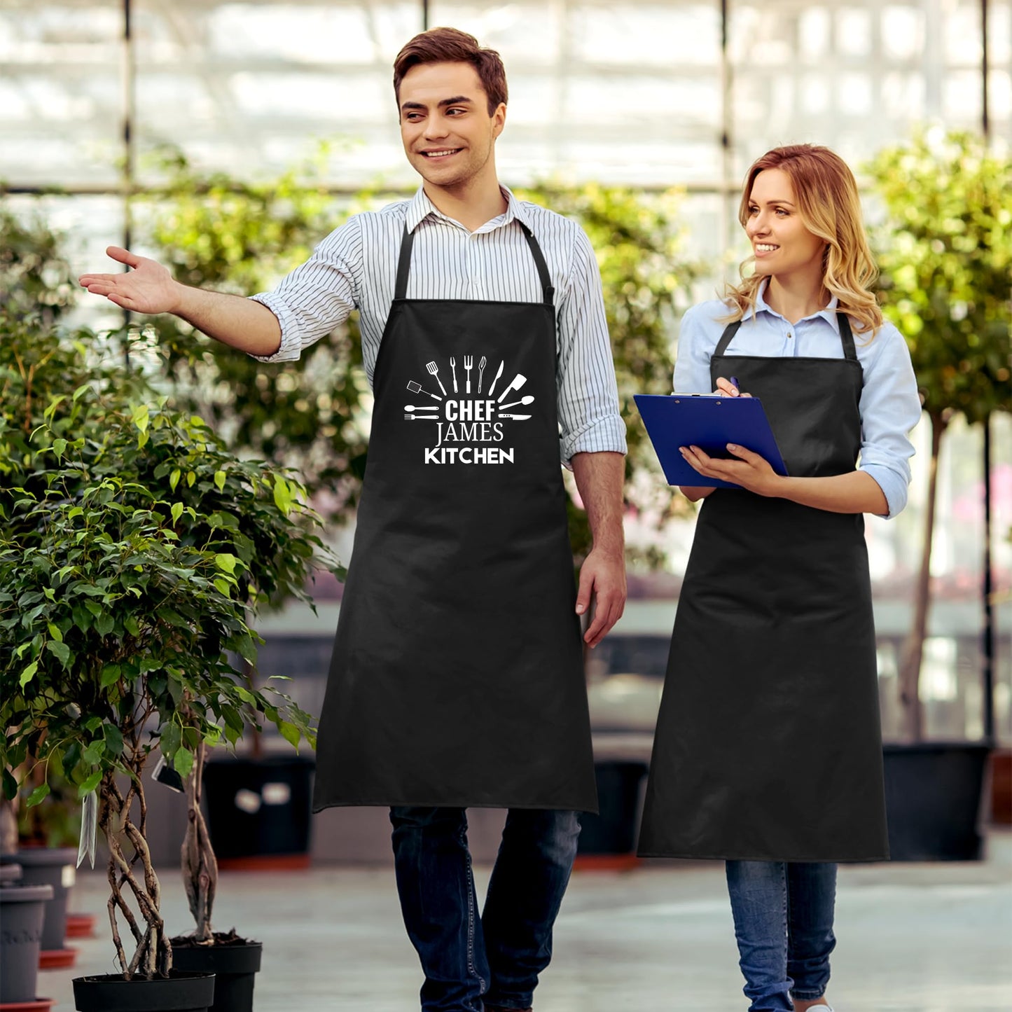 Custom Name Kitchen Apron Personalized Apron for Chefs and Bakers Adjustable Bib Apron for Women and Men with 2 Pockets Gifts for Mom Nana Wife Best Friends gift for him cutlery printed apron - Top Tee