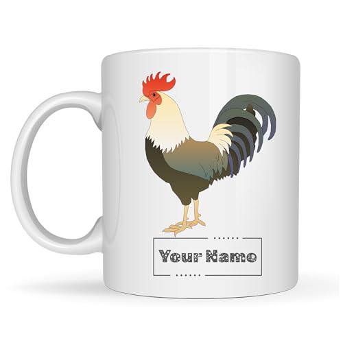 Personalized Rooster Mug – Custom Name Ceramic Coffee Cup – Farmhouse Kitchen Décor Gift for Chicken Lovers, Men and Women – 11oz White Mug