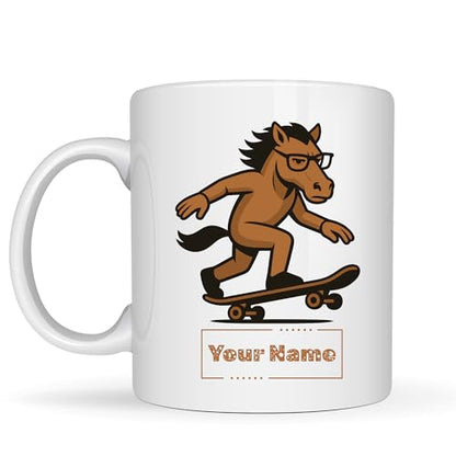 Personalized Funny Skateboarding Horse Mug – Custom Name Ceramic Coffee Cup – Unique Gift for Animal Lovers, Horse and Skaters – 11oz