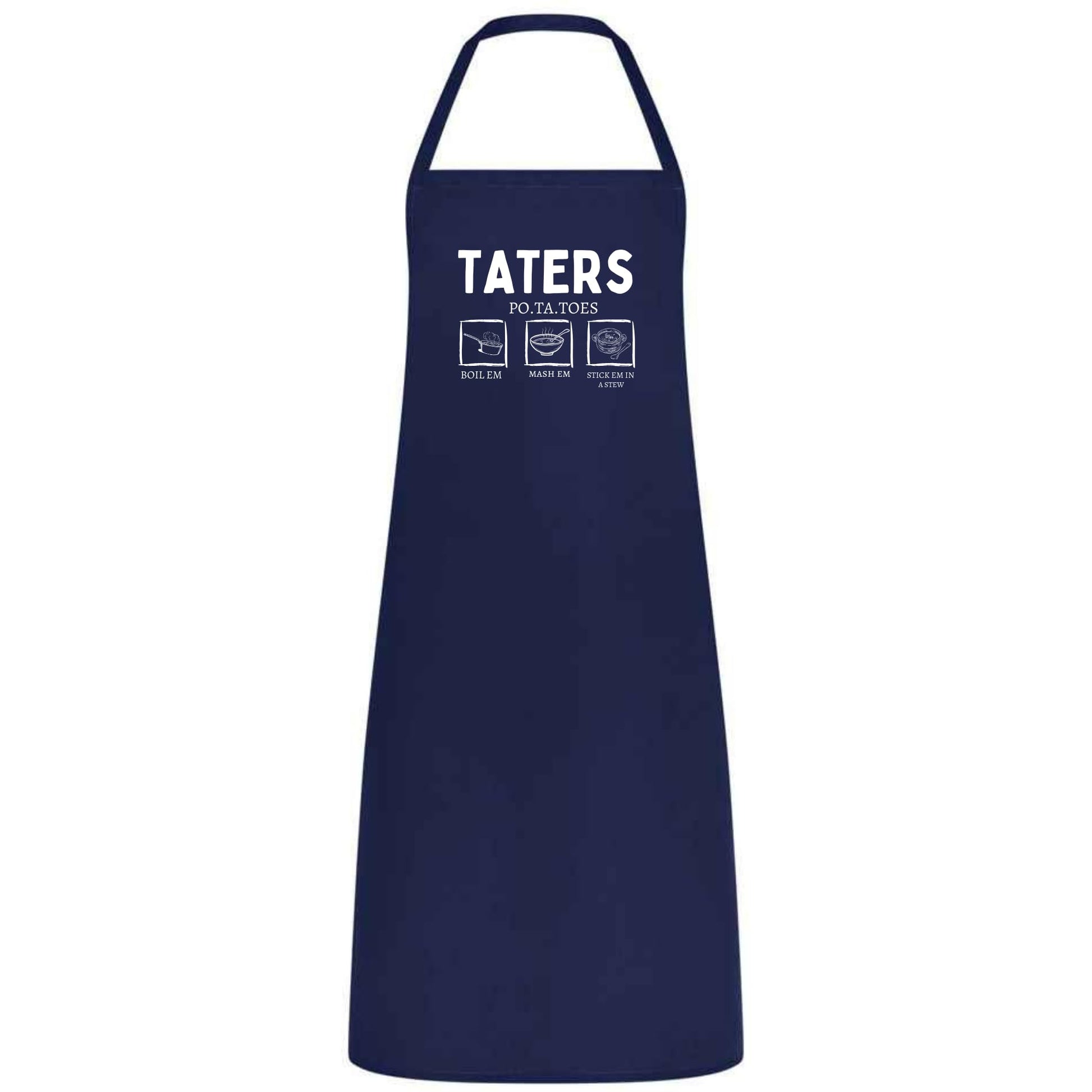 Be Buz Funny Potato Tater Kitchen Apron Taters Potatoes Boil 'Em Mash' Em Stick' Em In a Stew Multicolor Apron for Women, Men, Waiter, Waitress - Top Tee
