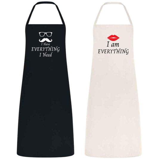 BeBuz Couple Apron Set Funny Cooking Aprons for Couples Birthday, Engagement, Wedding Gift Cotton Material Black and Natural Kitchen Aprons I Have Everything I Need and I Am Everything Matching Aprons