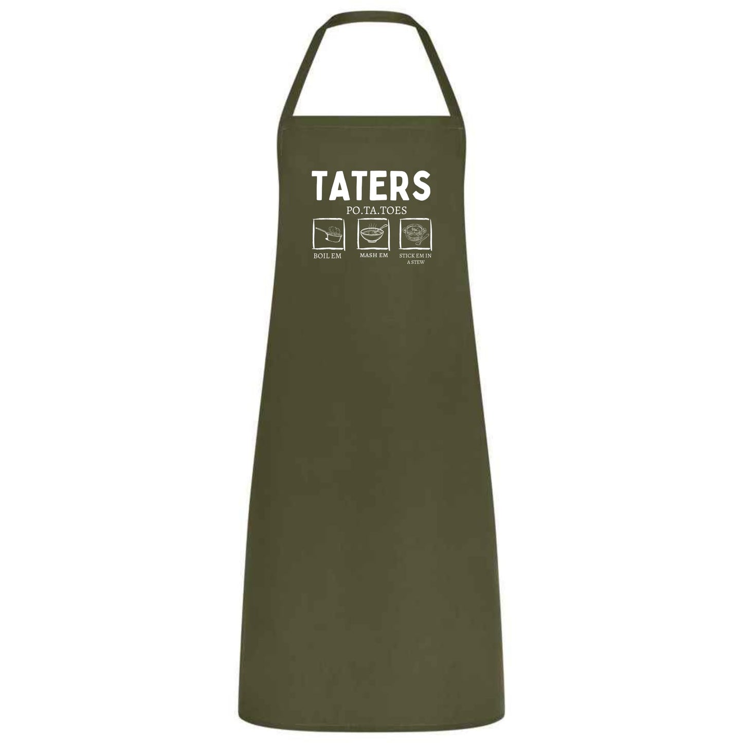 Be Buz Funny Potato Tater Kitchen Apron Taters Potatoes Boil 'Em Mash' Em Stick' Em In a Stew Multicolor Apron for Women, Men, Waiter, Waitress - Top Tee