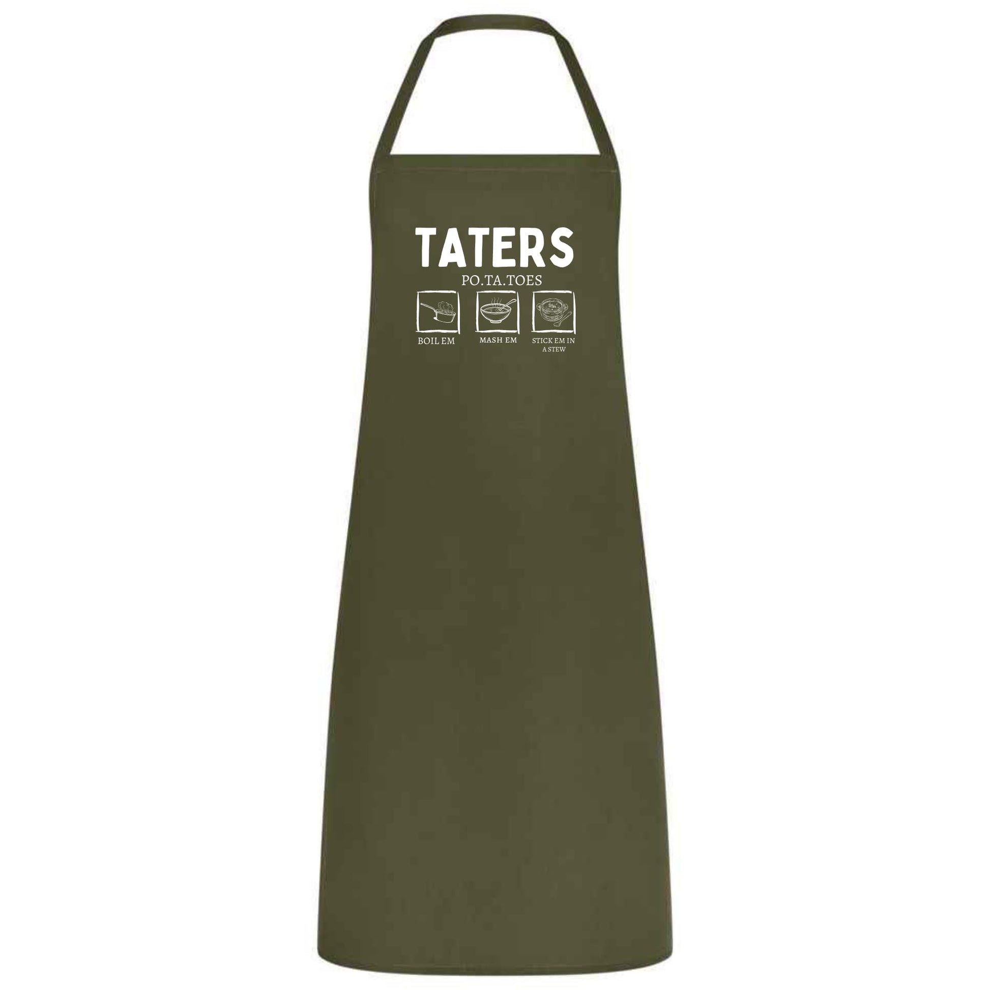 Be Buz Funny Potato Tater Kitchen Apron Taters Potatoes Boil 'Em Mash' Em Stick' Em In a Stew Multicolor Apron for Women, Men, Waiter, Waitress - Top Tee