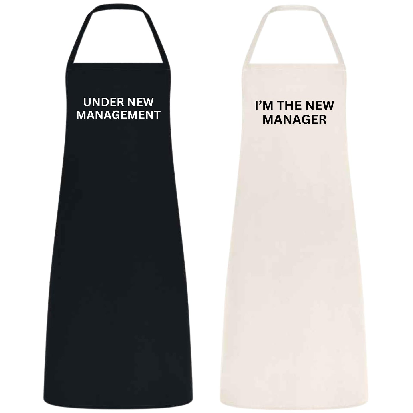Couple Apron Set Funny Cooking Aprons for Couples Birthday, Engagement, Wedding Gift Cotton Material Black and Natural Matching Kitchen Aprons Under New Management Newlywed Gift