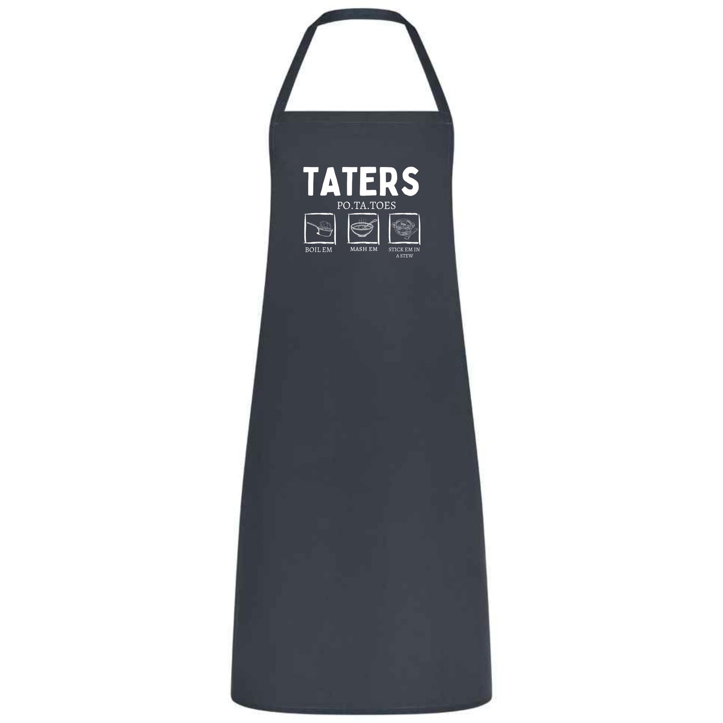 Be Buz Funny Potato Tater Kitchen Apron Taters Potatoes Boil 'Em Mash' Em Stick' Em In a Stew Multicolor Apron for Women, Men, Waiter, Waitress - Top Tee
