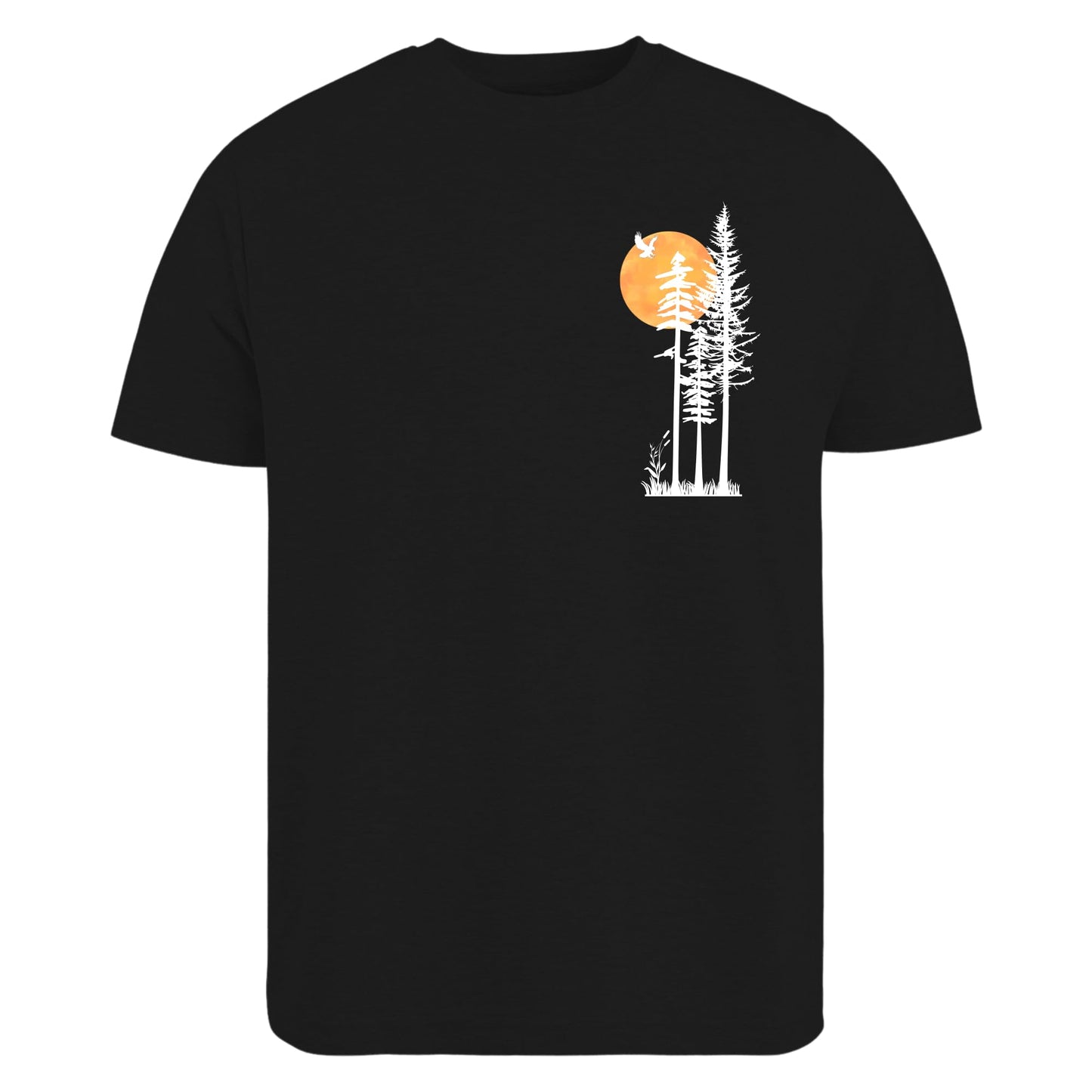 Be Buz Unisex Cotton T-Shirt, Minimalist Nature Graphic, Pine Trees and Sunset Design, Mountain Hiking Theme, Crew Neck
