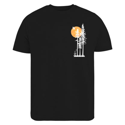 Be Buz Unisex Cotton T-Shirt, Minimalist Nature Graphic, Pine Trees and Sunset Design, Mountain Hiking Theme, Crew Neck