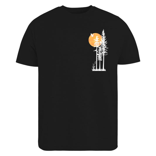 Be Buz Unisex Cotton T-Shirt, Minimalist Nature Graphic, Pine Trees and Sunset Design, Mountain Hiking Theme, Crew Neck - Top Tee