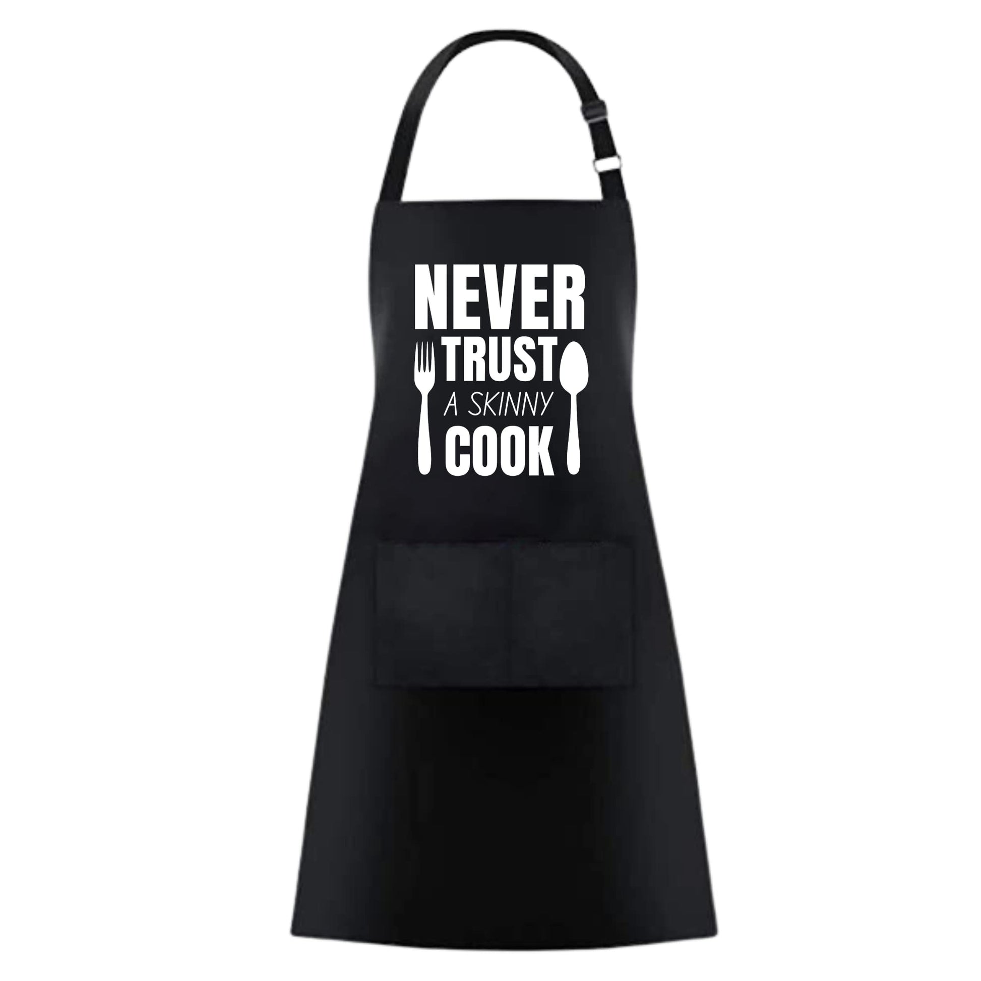 NEVER TRUST A SKINNY COOK Funny Aprons for women - 2 Pockets BBQ Apron Coffee house Cooking Kitchen Chef Bar Hotel Gift For Husband Wife, Dad Mom boyfriend Girlfriend Black - Top Tee